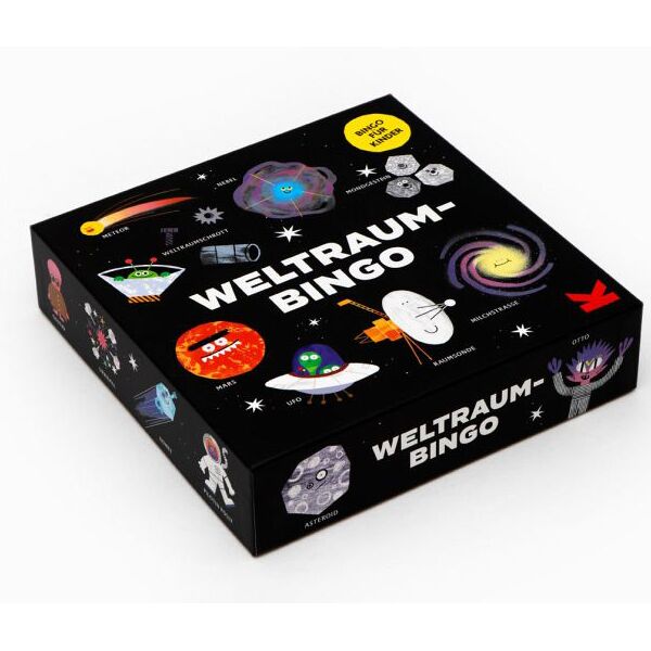 Bunte Spielbox mit dem Titel 'Weltraum-Bingo', illustriert mit verschiedenen Weltraummotiven wie Astronauten, Planeten, Satelliten, Raumschiffen und Galaxien auf dunklem Hintergrund. Die Verpackung richtet sich an Kinder und Familien und thematisiert das Weltall als Wissensspiel.