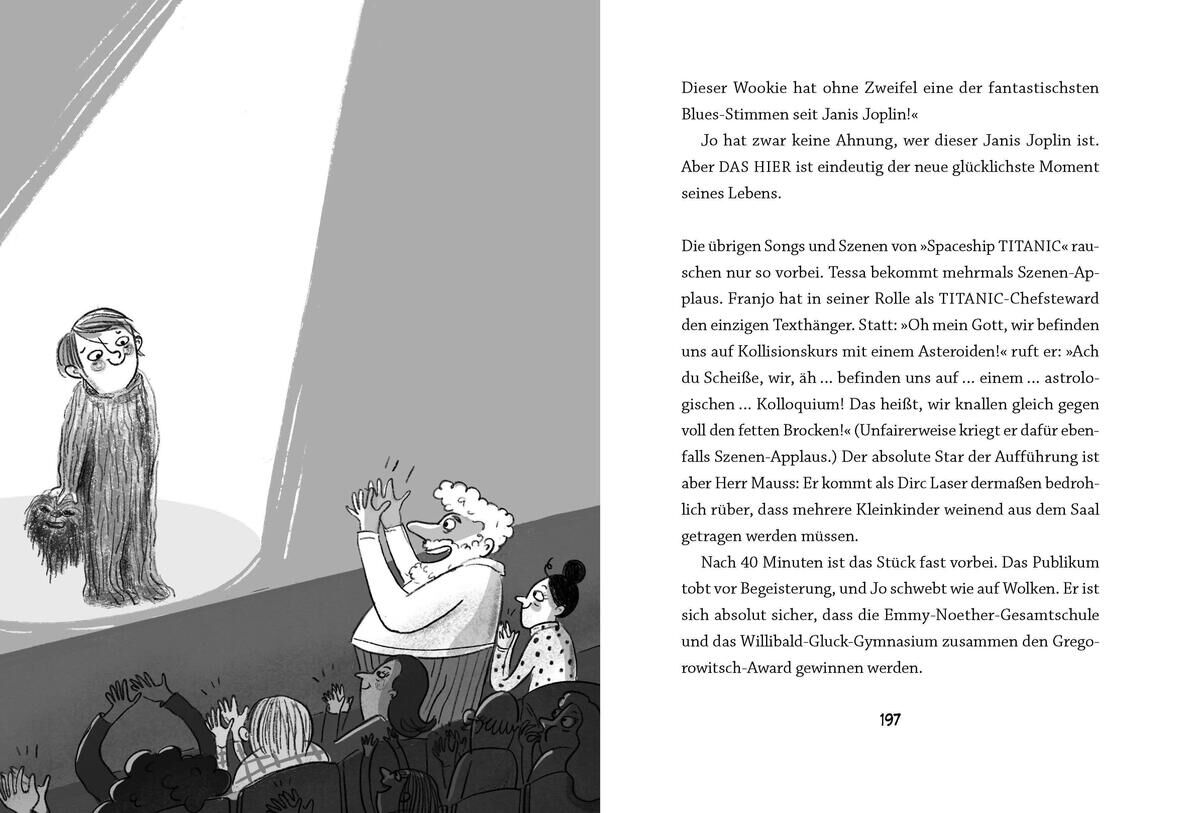 Schwarz-weiße Illustration aus dem Buch 'Battle of Schools - Angriff der Molchgehirne'. Links ein großes, haariges Wesen. Rechts eine Gruppe jubelnder Menschen, darunter ein Schriftstück auf Seite 197.