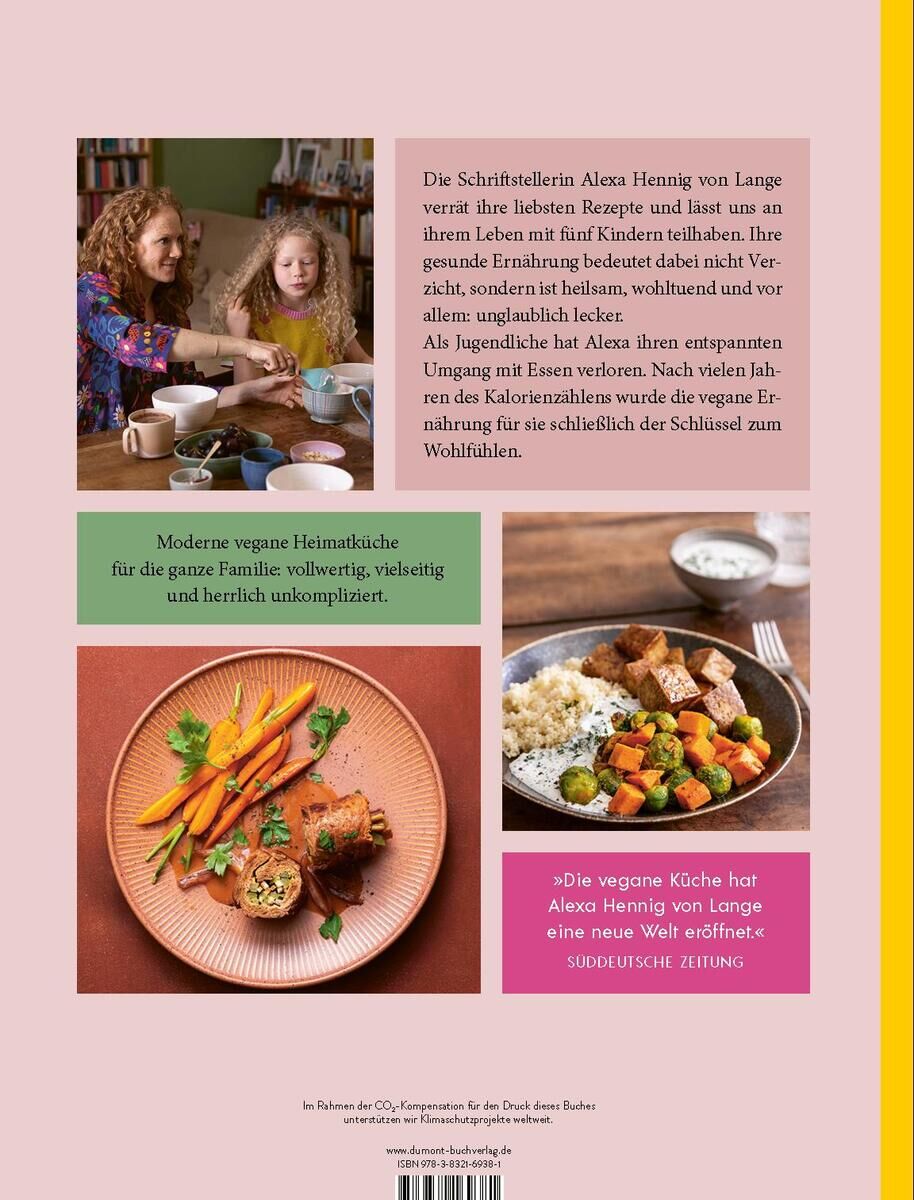 Dieses Bild zeigt das Buch 'Relaxt vegan' von Alzea Hennig von Lange. Es beinhaltet vegane Rezeptideen mit farbenfroher Präsenz und einem freundlichen Design. Eine Familie ist am Tisch beim Essen zusehen, das das Thema familiäres, veganes Kochen aufgreift.