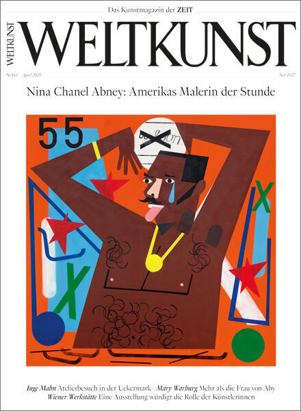 Das Cover des Kunstmagazins 'Weltkunst' Ausgabe 183/21 zeigt das Werk der Künstlerin Nina Chanel Abney mit dem Titel 'Amerikas Malerin der Stunde'. Das Bild enthält abstrakte und bunte Elemente mit Figuren und Formen in schwarzer, weißer, roter, blauer, grüner und oranger Farbe.