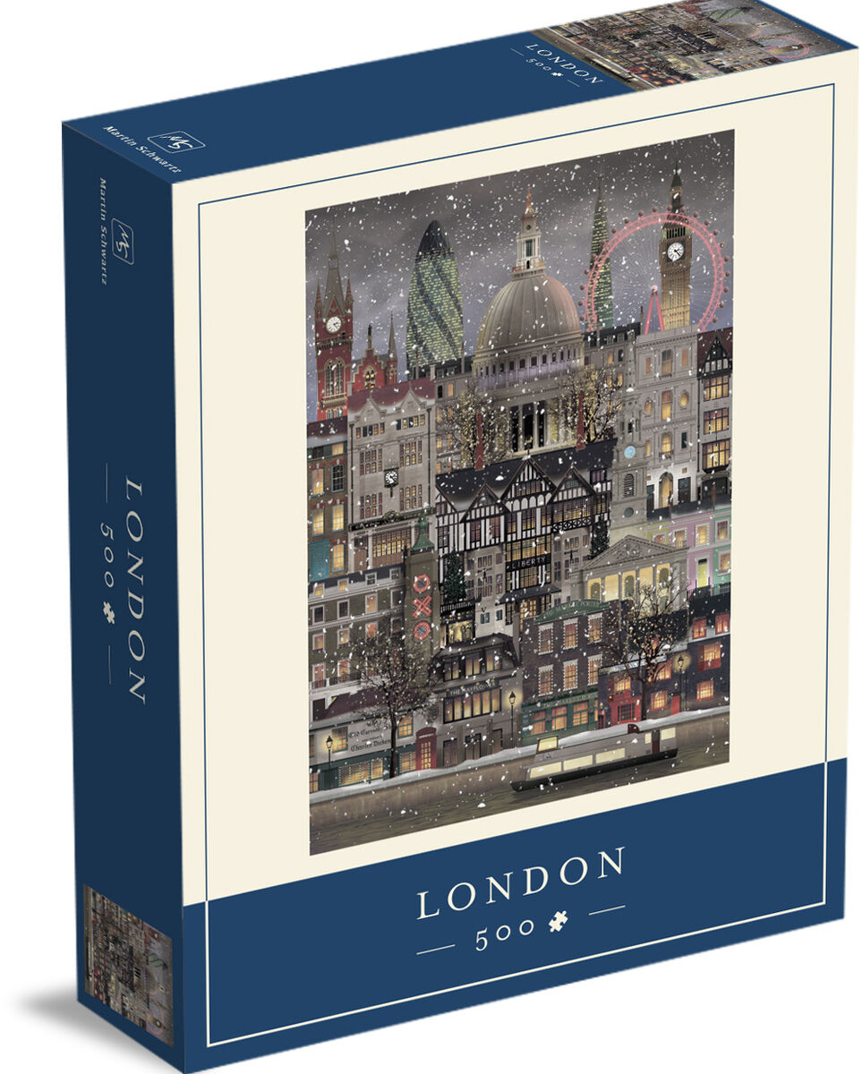 Die Verpackung des Puzzles »Weihnachten in London« zeigt eine verschneite Londoner Stadtansicht mit beleuchteten Wahrzeichen wie Big Ben, St. Paul’s Cathedral und dem London Eye, im winterlichen Abendlicht. Schneeflocken fallen sanft auf die festlich geschmückten Gebäude. Das Puzzle enthält 500 Teile und ist besonders als weihnachtliches Geschenk oder für winterliche Freizeitgestaltung geeignet.
