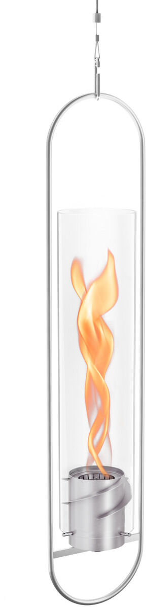 Das SPIN Hängesystem ist eine moderne Hängelampe mit einem Flammeneffekt. Das Design umfasst ein schlankes, ovales Metallgestell in Silber, das ein klarer zylinderförmiger Glasmantel umgibt, in dessen Mitte eine orangefarbene Flamme zu sehen ist. Ideal für moderne Inneneinrichtung.