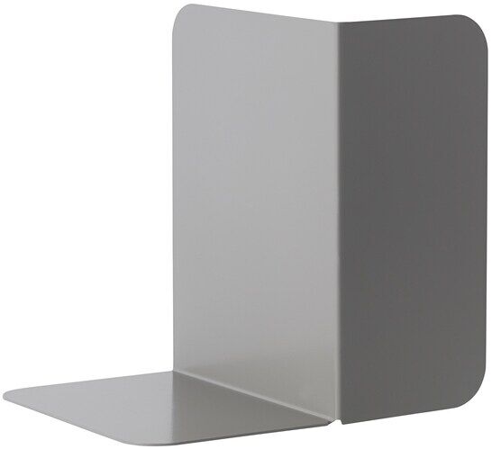 Eine moderne Buchstütze aus grauem Metall mit schlichtem, minimalistischem Design, ideal für die Organisation von Büchern auf dem Schreibtisch oder im Regal.