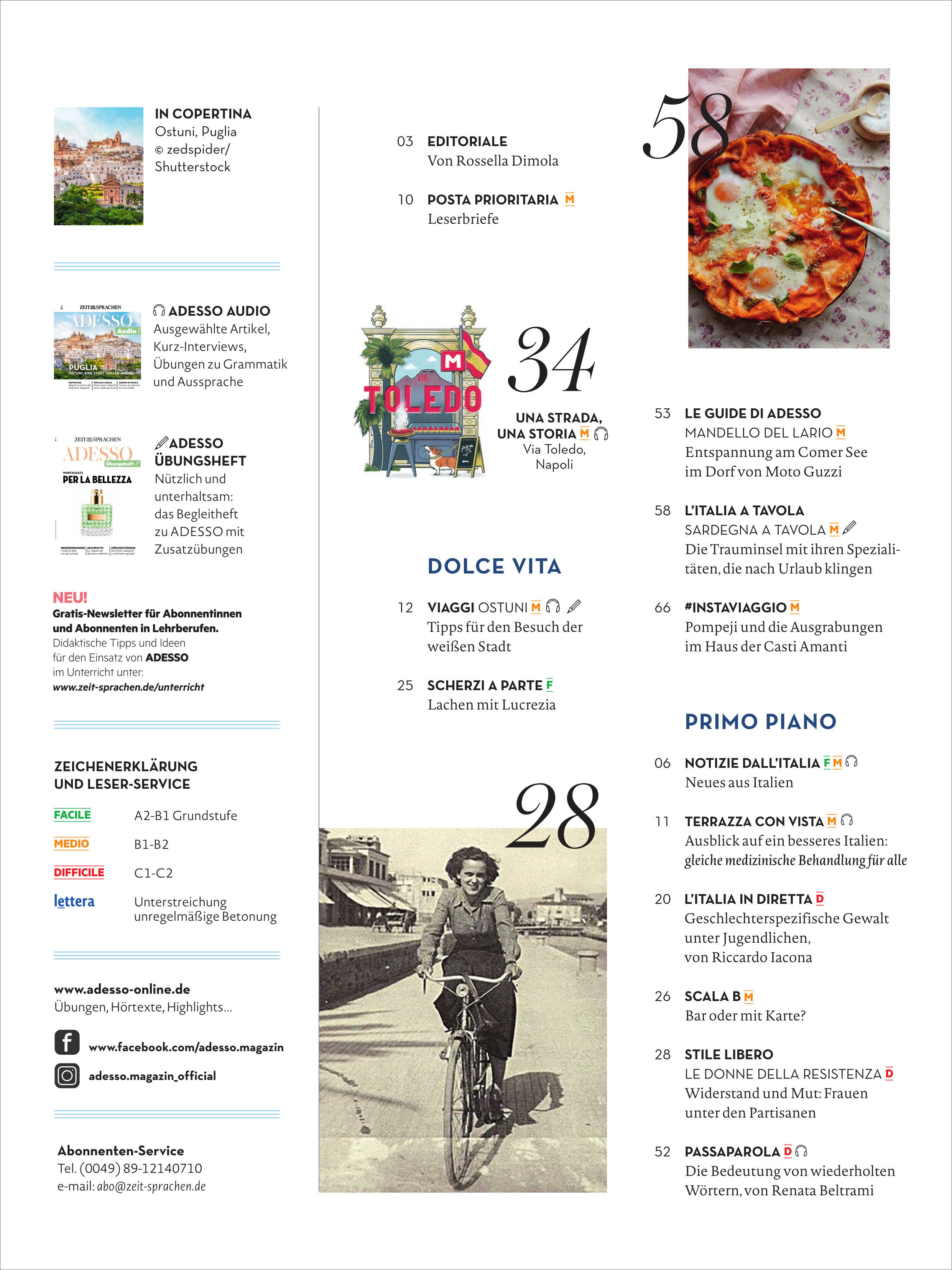 Adesso Magazin Ausgabe 6/2025 mit Inhaltsverzeichnis. Artikel über Italien, Kultur, Sprache und Lebensstil. Enthält Fotografien und Illustrationen. Bietet Leserservice und Abonnementinformationen.