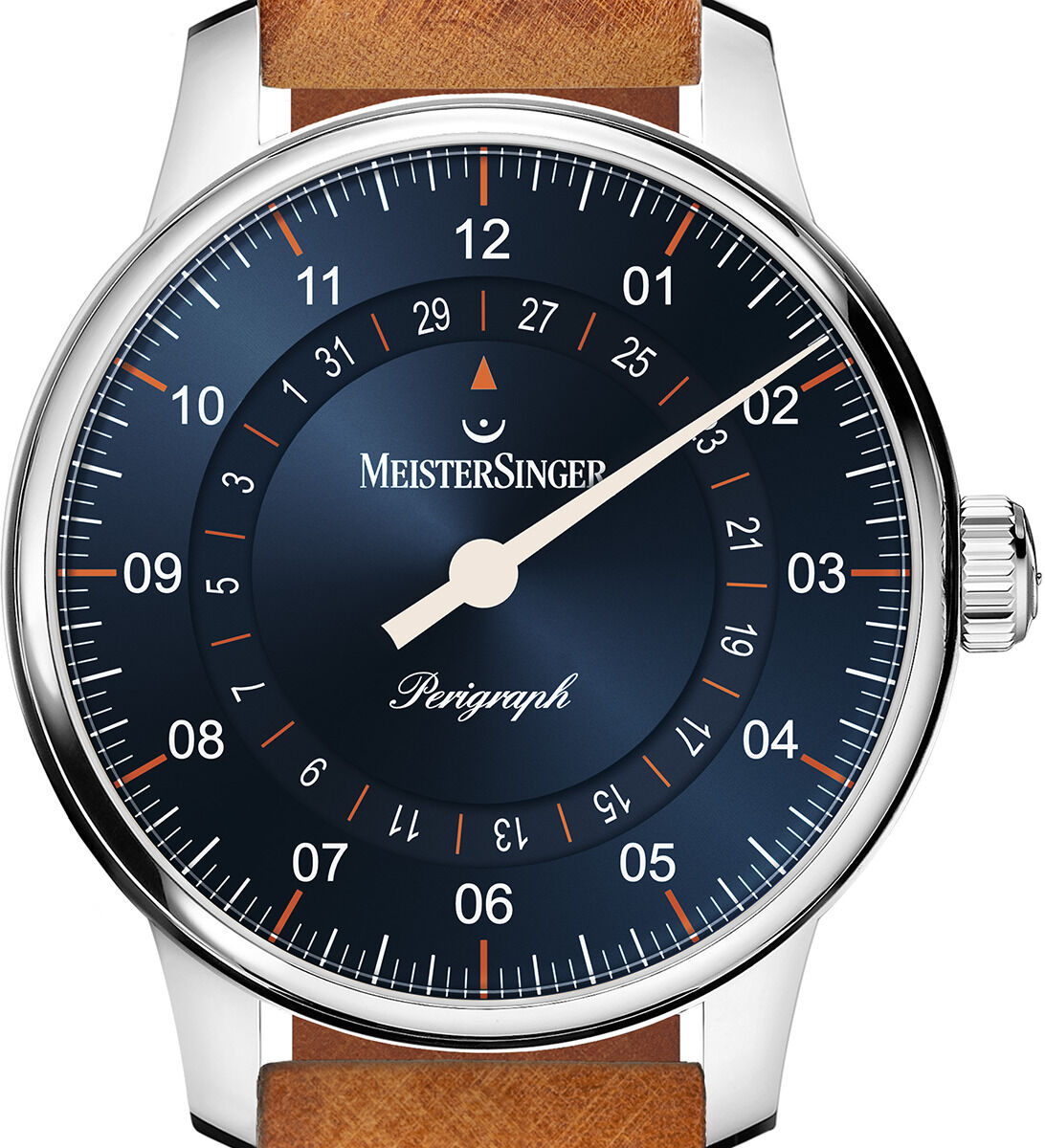ZEIT-Sonderedition »Perigraph« Uhr von MeisterSinger mit dunkelblauem Zifferblatt, weißer und orangefarbener Beschriftung, silbernem Edelstahlgehäuse und braunem Lederarmband.