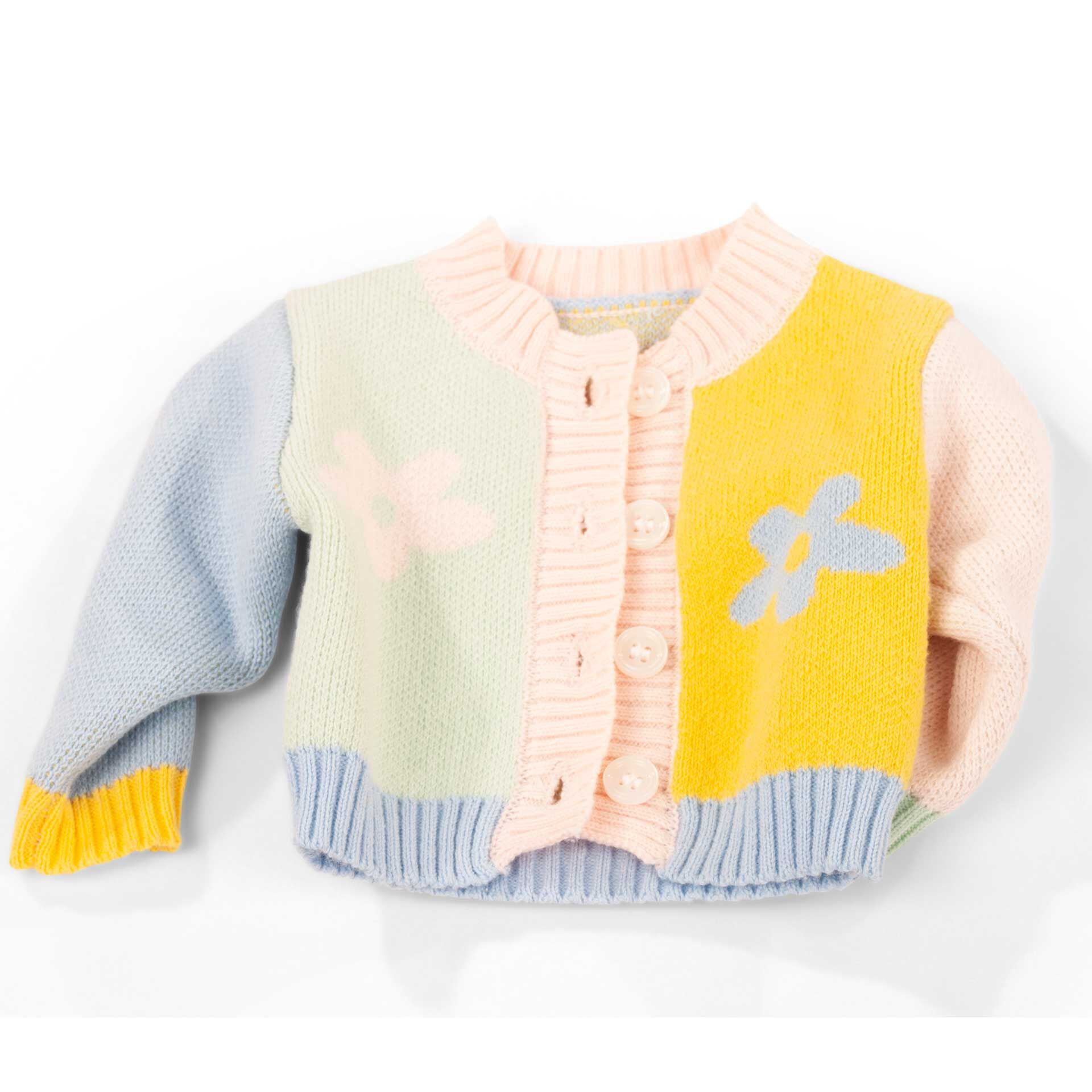 Strickjacke für die Badepuppe »Cosy Aquini Farbspiel« in pastellfarbenen Tönen mit buntem Blumen-Design, geeignet als Puppenkleidung für Kinder.