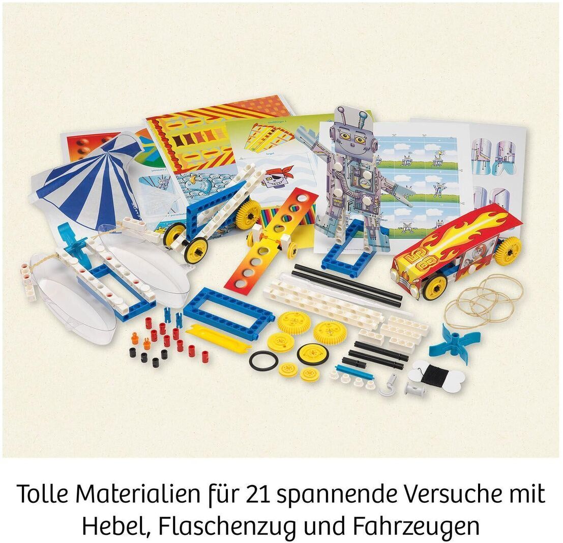 Experimentierkasten 'Mein erster Experimentierkasten Technik' für Kinder, bestehend aus verschiedenen Bauteilen und Werkzeugen in Farben Blau, Gelb, Weiß, Rot und Grau, mit Anleitungen für spannende Versuche wie Hebel, Flaschenzug und Fahrzeugbau.