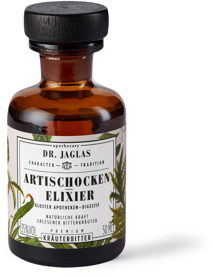 Eine Flasche Artischocken-Elixier von Dr. Jaglas. Das Kräuterbitter befindet sich in einer braunen Glasflasche mit weißem Etikett und schwarzem Verschluss. Das Etikett zeigt eine stilisierte Artischocke und Text.