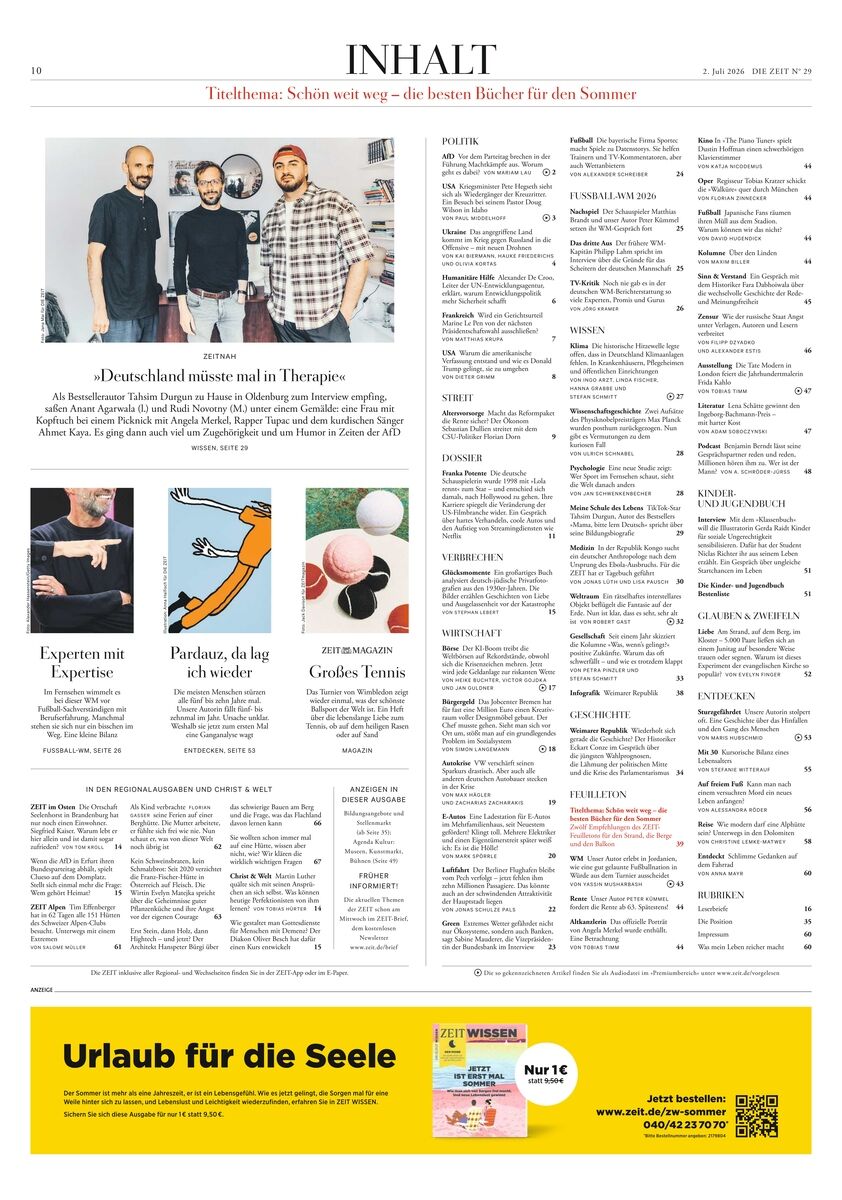 Inhaltsseite der Wochenzeitung DIE ZEIT 29/2026 mit strukturierter Gliederung der Inhalte, Artikelfotos, Autorenporträts und farbigen Rubriken. Kopfzeile mit Titel, Anzeigenfeld unten in Gelb. Perfekt für Kulturinteressierte, Leser und Abonnenten.