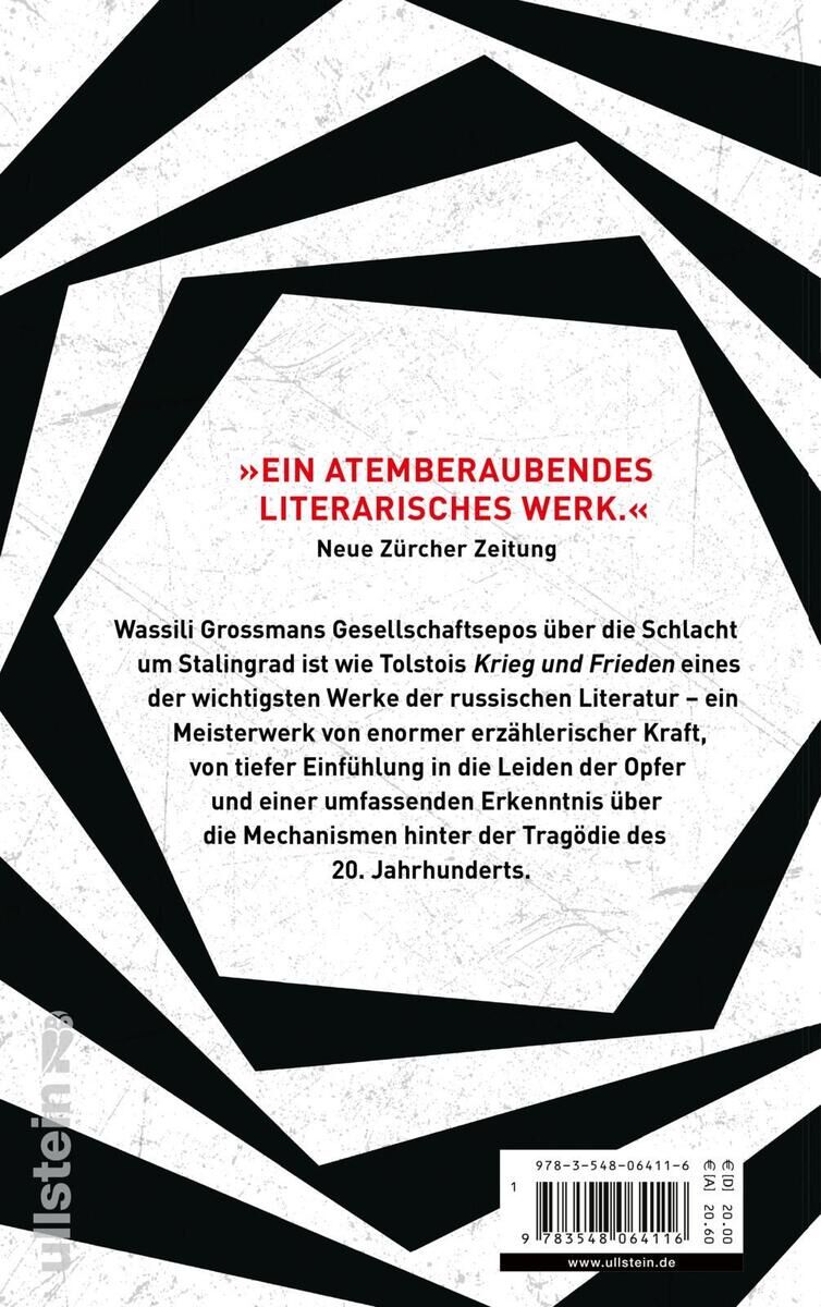 Rückseite des Buches 'Leben und Schicksal' von Wassili Grossman. Text beschreibt das Werk als ein 'atemberaubendes literarisches Werk' mit einem Zitat der Neuen Zürcher Zeitung. Der Text berichtet über die Erzählung der Schlacht um Stalingrad, die Kraft der Geschichte und die Mechanismen des Krieges im 20. Jahrhundert.