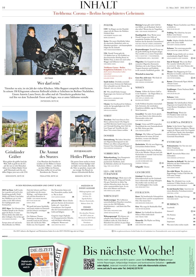Vorderseite der Zeitung 'DIE ZEIT' Ausgabe 11/2025 mit verschiedenen Artikeln und Bildern. Der obere Abschnitt enthält einen großen Titel und ein Foto von Personen in einer urbanen Umgebung. Rechts ist eine detaillierte Inhaltsaufstellung abgebildet.