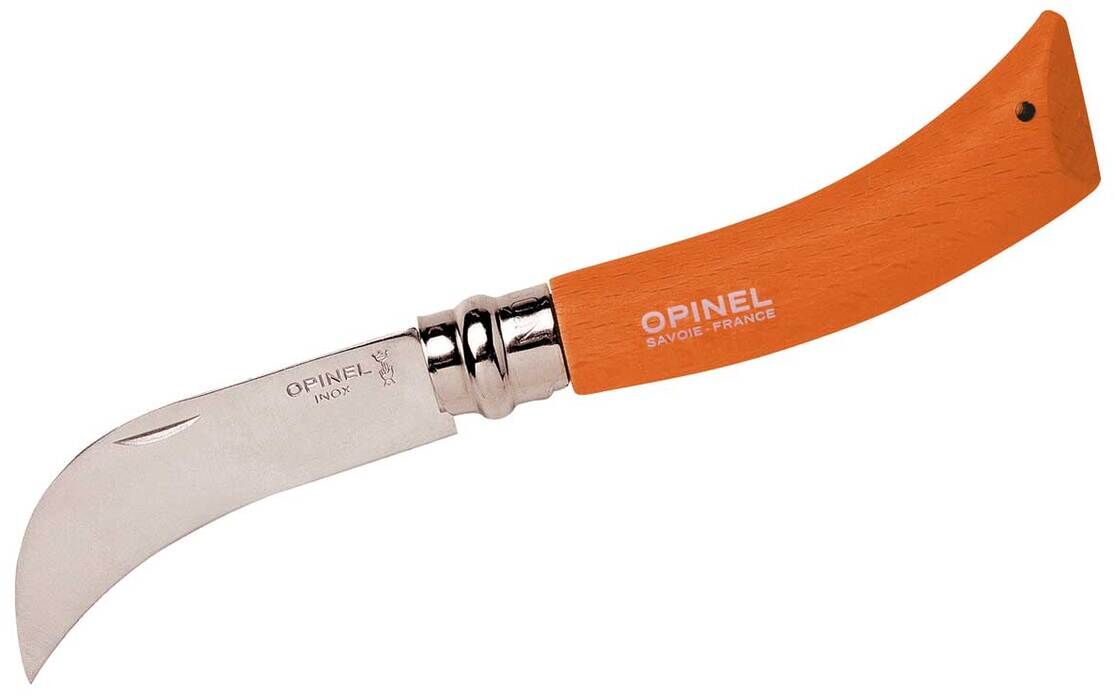 Garten-Set mit Opinel-Messer. Das Messer hat eine gebogene, silberne Klinge und einen ergonomischen, orangefarbenen Holzgriff. Ideal für Gartenarbeit und Ernte.