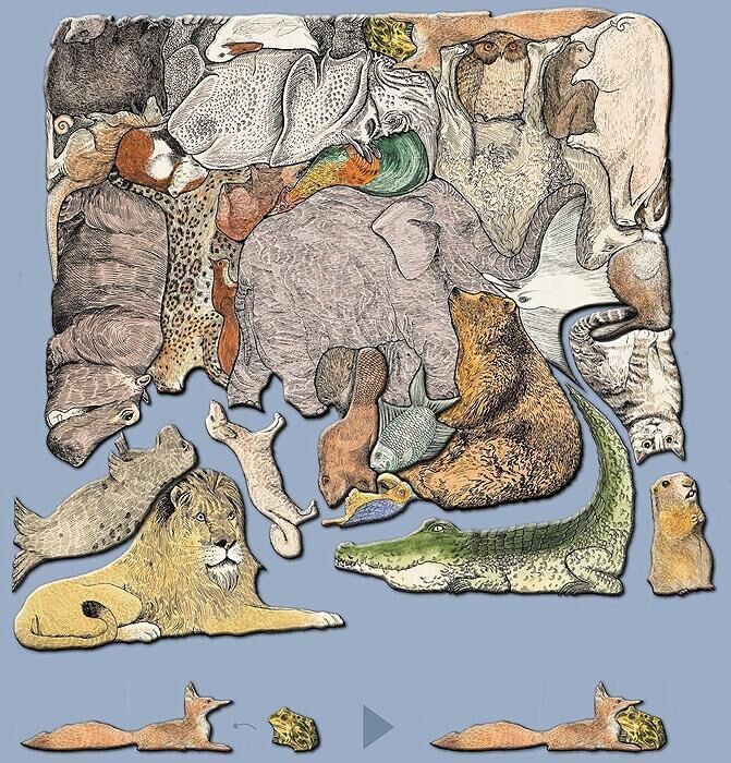 Illustration eines komplexen Holzpuzzles mit verschiedenen Tiermotiven, darunter Löwe, Krokodil, Elefant und Bär, auf einem blauen Hintergrund.