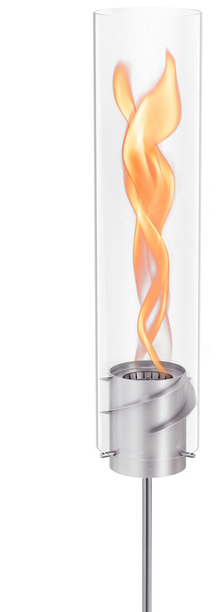 Der SPIN Erdspieß ist ein elegantes Windlicht mit einer zylinderförmigen Glasabdeckung und einer markanten orangefarbenen Flamme, die in einem silberfarbenen Metallgehäuse sitzt, ideal für die Beleuchtung und Dekoration im Außenbereich.