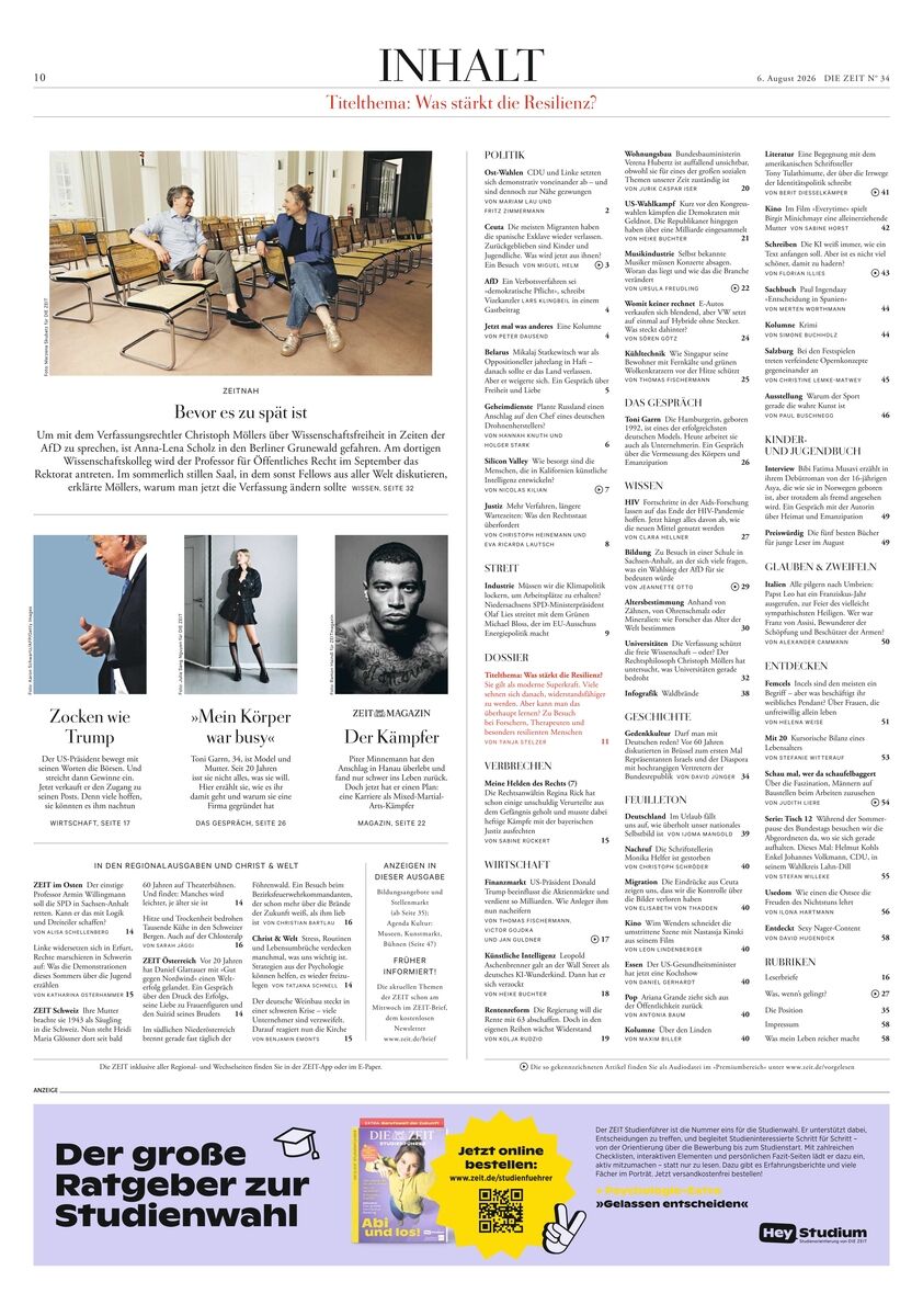 Inhaltsseite der Wochenzeitung DIE ZEIT 34/2026, oben großes Foto von Interview mit Politikern, darunter Inhaltsverzeichnis nach Ressorts gegliedert. Kleine Fotos und Artikelankündigungen. Unten Werbebanner zur Studienwahl und ein lilafarbenes Feld mit Symbolen.