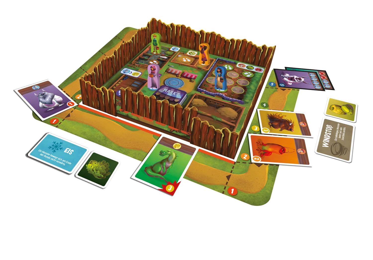 Das Bild zeigt das Brettspiel »Monsterhunger!«, aufgebaut auf einem bunt gestalteten Spielfeld mit Holzwand-Elementen, bunten Monsterfiguren und mehreren Spielkarten, die rund um das Spielfeld ausgelegt sind. Das Spiel wirkt farbenfroh und kindgerecht, mit liebevoll illustrierten Elementen und verschiedenen Spielfiguren.