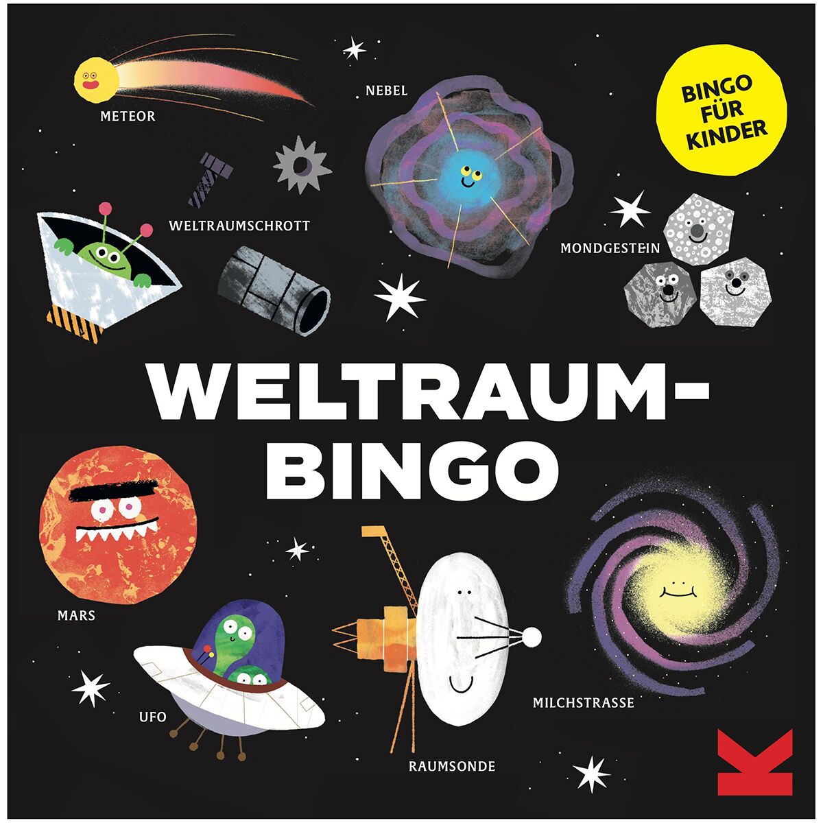 Quadratische Verpackung des Spiels 'Weltraum-Bingo' mit bunten, kindgerechten Illustrationen von Weltraumobjekten wie Mars, Meteor, UFO, Raumsonde und Milchstraße auf schwarzem Hintergrund. Gelber Sticker mit Hinweis 'Bingo für Kinder' oben rechts.
