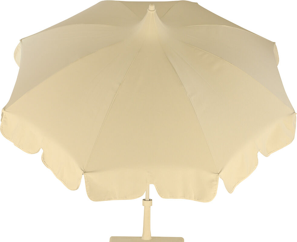 Der elegante Sonnenschirm »Pagoda« von Jan Kurtz in Creme mit geschwungenem Volant und runder Form aus Dralon-Stoff. Das weiße Gestell besitzt ein Knickgelenk, ideal für Garten, Terrasse oder Balkon. Schirmdurchmesser 250 cm, stilvoll und funktional.