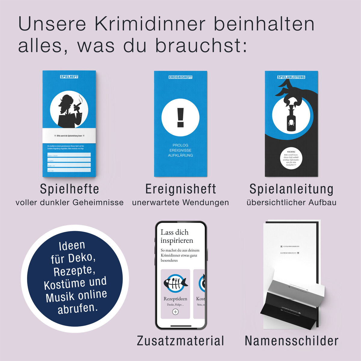 Die Abbildung zeigt das Krimi-Dinner Spiel »Schatten über Landsitz Hagenberg«. Das Bild zeigt drei bunte Hefte in Blau und Schwarz mit der Aufschrift 'Spielhefte', 'Ereignisheft' und 'Spielanleitung', sowie ein Handy mit zusätzlichem Material und ein Namensschild.