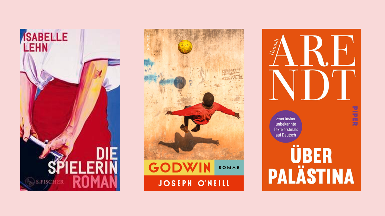 Link zur Kategorie Bücher über neue Perspektiven. Abbildung von drei verschiedenen Buchcovern auf einem hellen Hintergrund. Zu sehen sind die Romane 'Die Spielerin' von Isabelle Lehn, 'Godwin' von Joseph O'Neill mit einem Kind, das Fußball spielt, sowie 'Über Palästina' von Hannah Arendt.