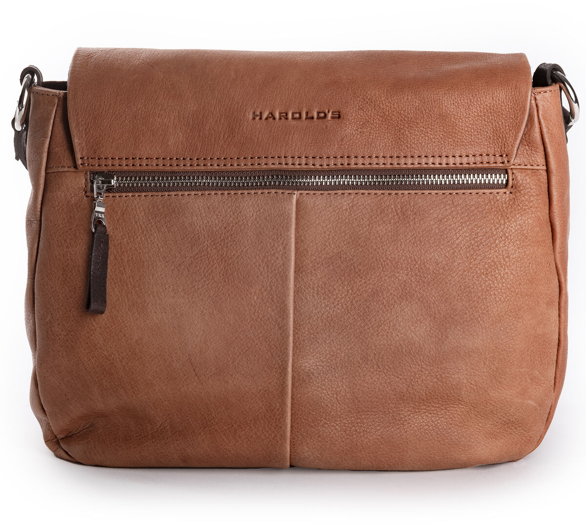 Braune Slingbag aus Leder mit verstellbarem Schulterriemen und Reißverschluss.