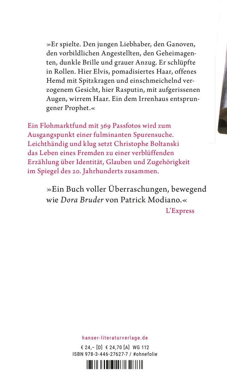 Buchcover des Romans 'Leben des Jacob' von Christophe Boltanski. Der Hintergrund hat einen weißen Farbton, die Schrift ist überwiegend rot und schwarz. Mehrere ausführliche Texte und Zitate auf der Rückseite des Covers geben Einblicke in den Inhalt des Buches.