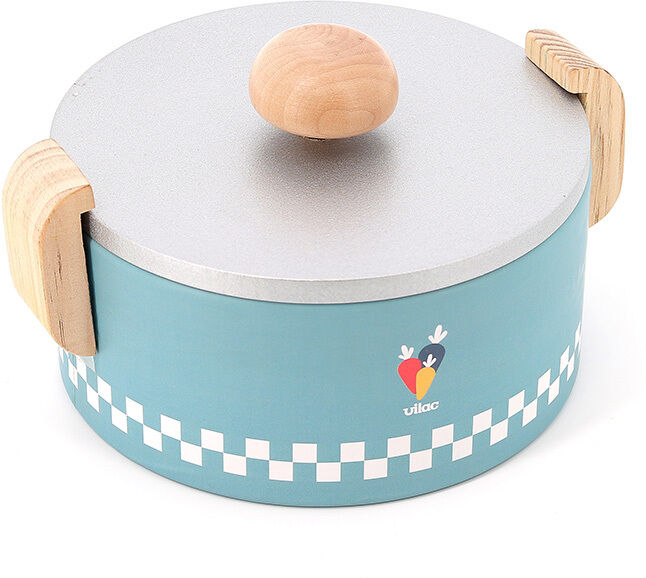 Holz-Spielkochtopf in Blau mit weißen Karomustern und einem naturfarbenen Deckel und Griffen, ideal für Kinderrollenspiele.