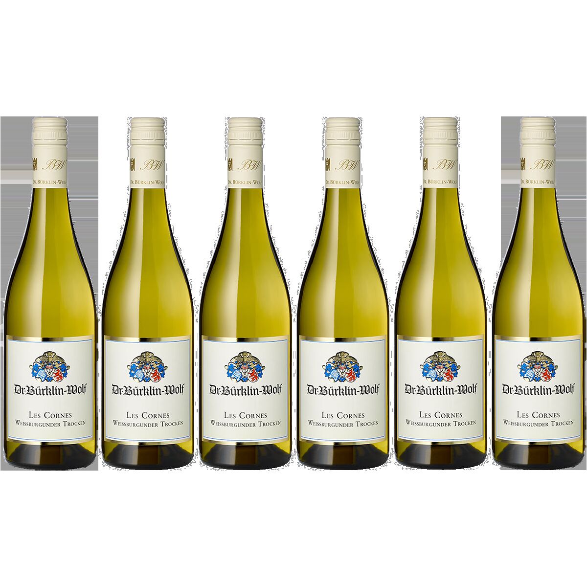Sechs Flaschen Weißwein der Sorte Les Cornes Weißburgunder trocken von Bürklin Wolf stehen nebeneinander auf weißem Hintergrund. Jede Flasche trägt ein weißes Etikett mit farbigem Logo und blauer Schrift. Die Flaschen sind verschlossen und ungeöffnet. Das Bild vermittelt einen hochwertigen und modernen Eindruck, ideal für Weinliebhaber oder als Geschenkpaket.
