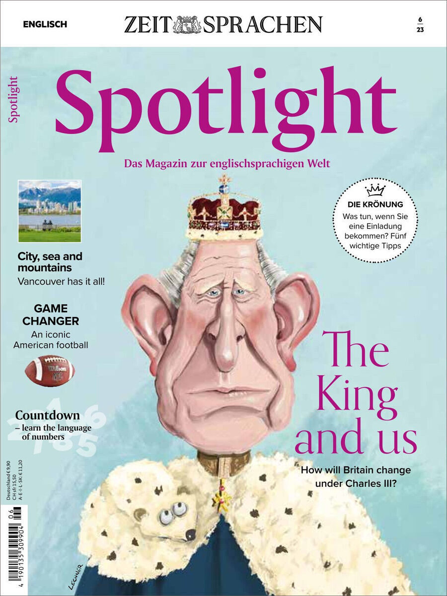 Titelbild des Spotlight Magazins Ausgabe 06/2023 mit einer Karikatur von König Charles III und Schlagzeilen über britische Kultur, Englisch lernen und relevante Themen.
