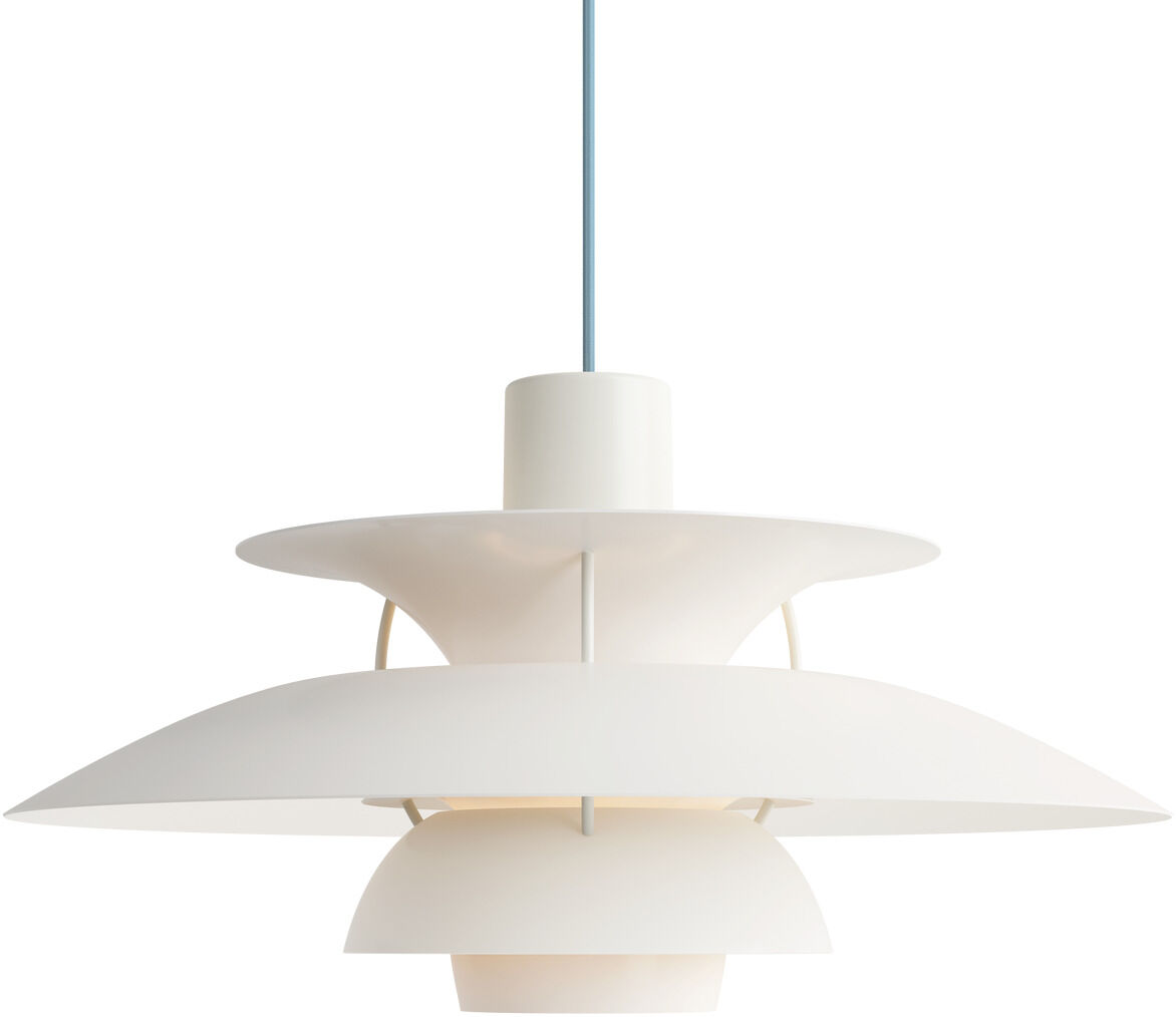 ZEIT-Sonderedition Pendelleuchte »PH5 Monochrome« Blaugrau, skandinavisches Design. Die Leuchte hat mehrere rund geschwungene Schirme in Weiß, zentral montiert, mit blaugrauem Aufhängungskabel. Minimalistische, elegante Optik, ideal für modernes Ambiente.