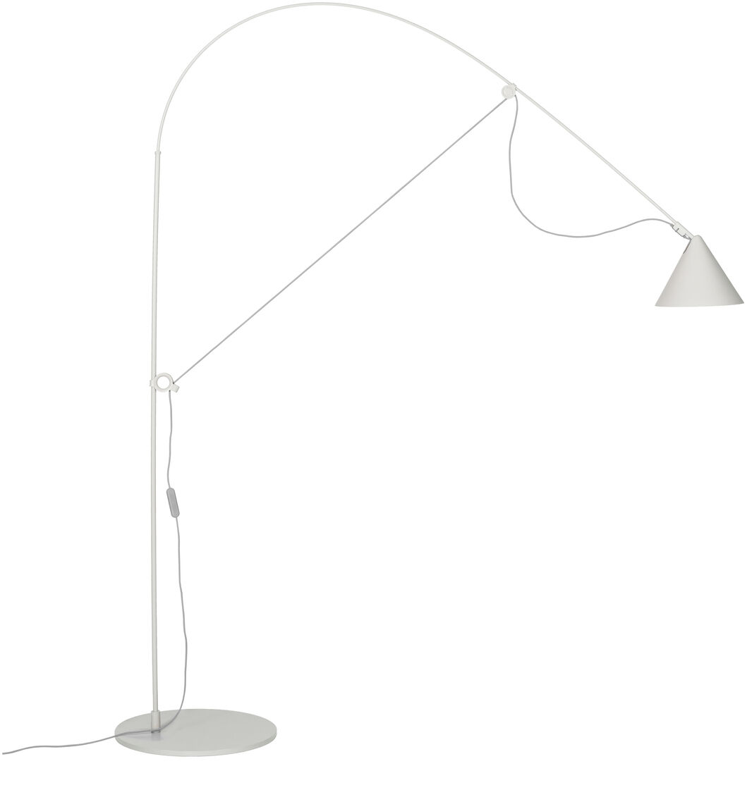Minimalistische weiße Stehlampe namens 'AYNO Silk' mit einem modernen und eleganten Design, ideal für Wohnräume und als Beleuchtungslösung.
