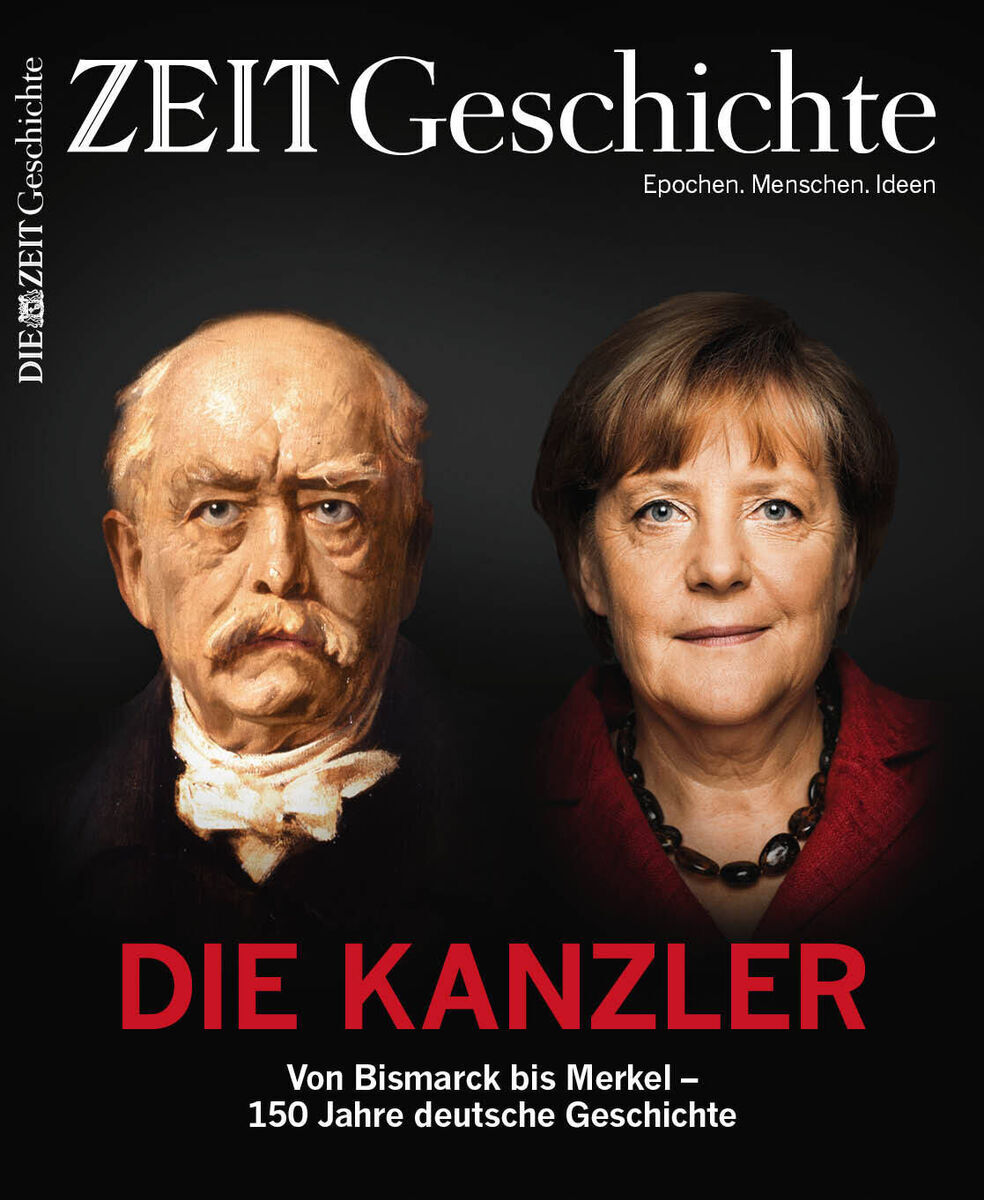 ZEIT Geschichte Magazin 5/21 mit dem Titel 'Die Kanzler', zeigt die Porträts von Bismarck und Merkel und den Untertitel 'Von Bismarck bis Merkel – 150 Jahre deutsche Geschichte'.
