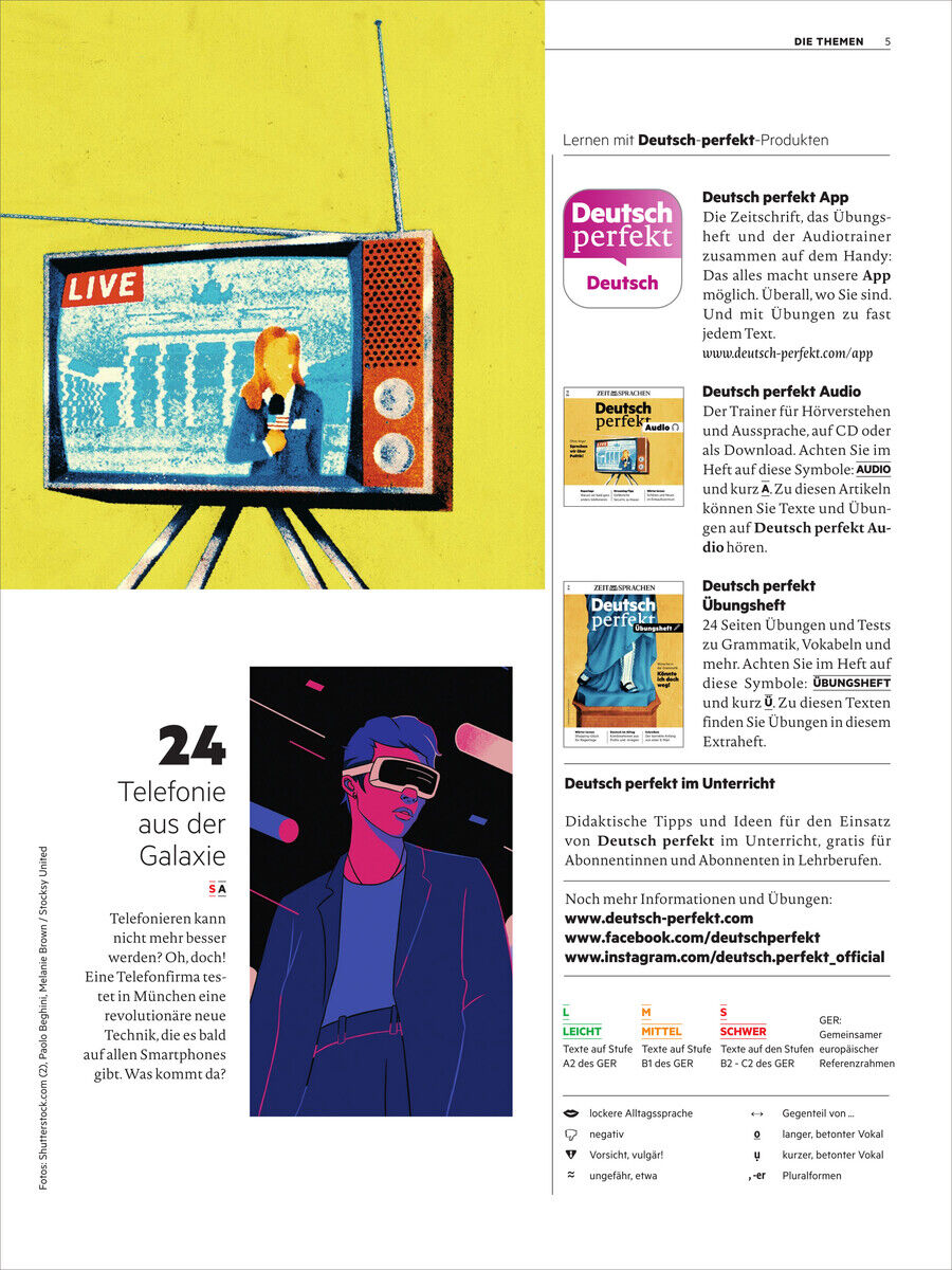 Titelseite des Deutsch perfekt Magazins 13/2024 mit Illustrationen und Texten über Telefonie und Sprachlernressourcen.