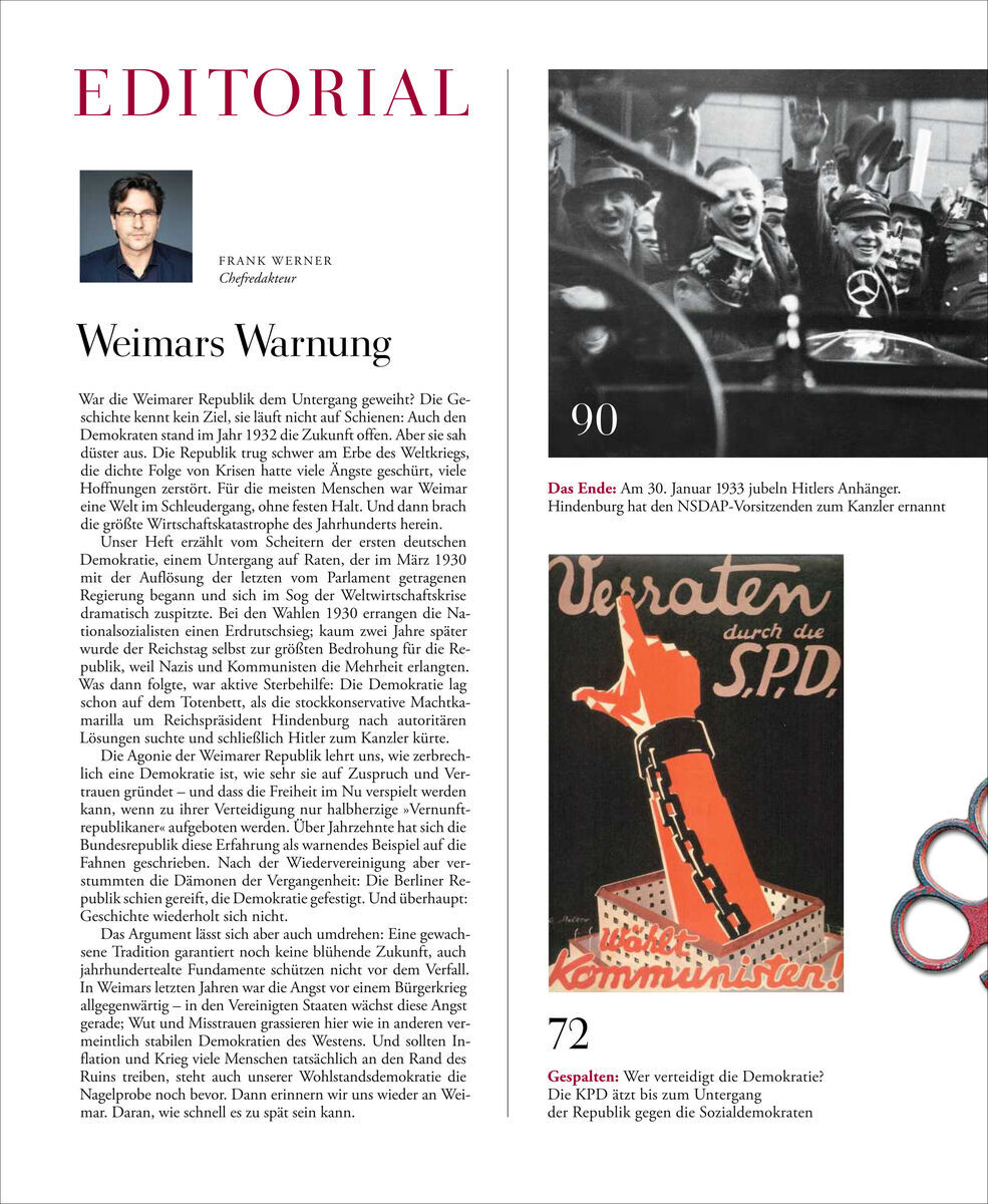 Das Cover der Ausgabe 5/22 des Magazins ZEIT GESCHICHTE mit dem Titel 'Weimars Ende' zeigt eine historische Fotografie von NSDAP-Anhängern bei einer Kundgebung und eine Propaganda-Illustration, die die SPD als Verräter darstellt. Oben links ist ein Foto und die Redaktion des Chefredakteurs Frank Werner zu sehen.