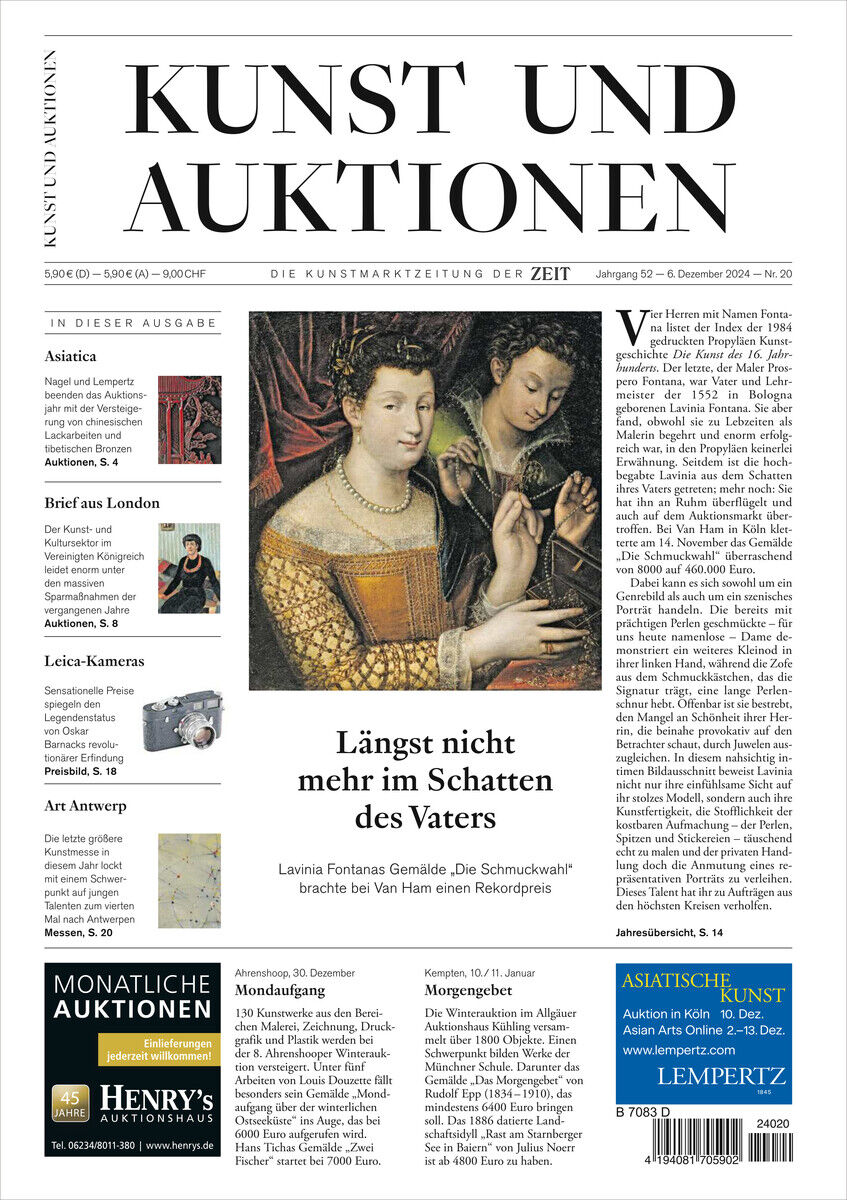 Cover der Zeitschrift 'KUNST UND AUKTIONEN 20/24' mit Schwerpunkt auf ein Gemälde von Lavinia Fontana. Text über Kunst und Auktionen mit verschiedenen Themen und Artikeln angezeigt. Dominante Farben sind Weiß, Schwarz und Rot.