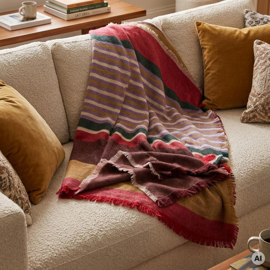 Die Merinowolldecke »RIO« von Eagle Products liegt locker über ein cremefarbenes Sofa mit senfgelben und gemusterten Kissen. Die Decke zeigt Streifen in Rot, Lila, Grün und Gelb mit kurzen Fransen an den Rändern und vermittelt eine sommerlich-wohnliche Atmosphäre.