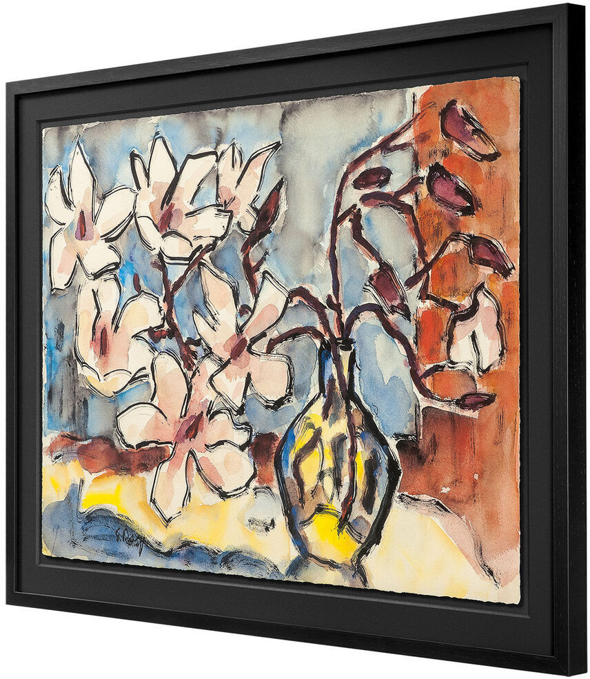 Gemälde von Karl Schmidt-Rottluff »Magnolienzweig«, 1969, zeigt eine Vase mit Magnolienzweigen in verschiedenen Farben, darunter Weiß, Rot, Blau, Gelb und Schwarz, in einem expressionistischen Stil.