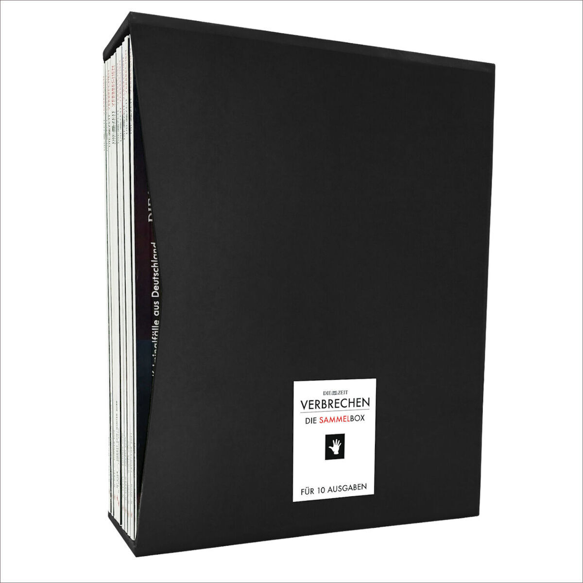 Schwarze Sammelbox mit der Aufschrift 'ZEIT VERBRECHEN »Sammelbox«' für 10 Ausgaben von Zeitschriften.