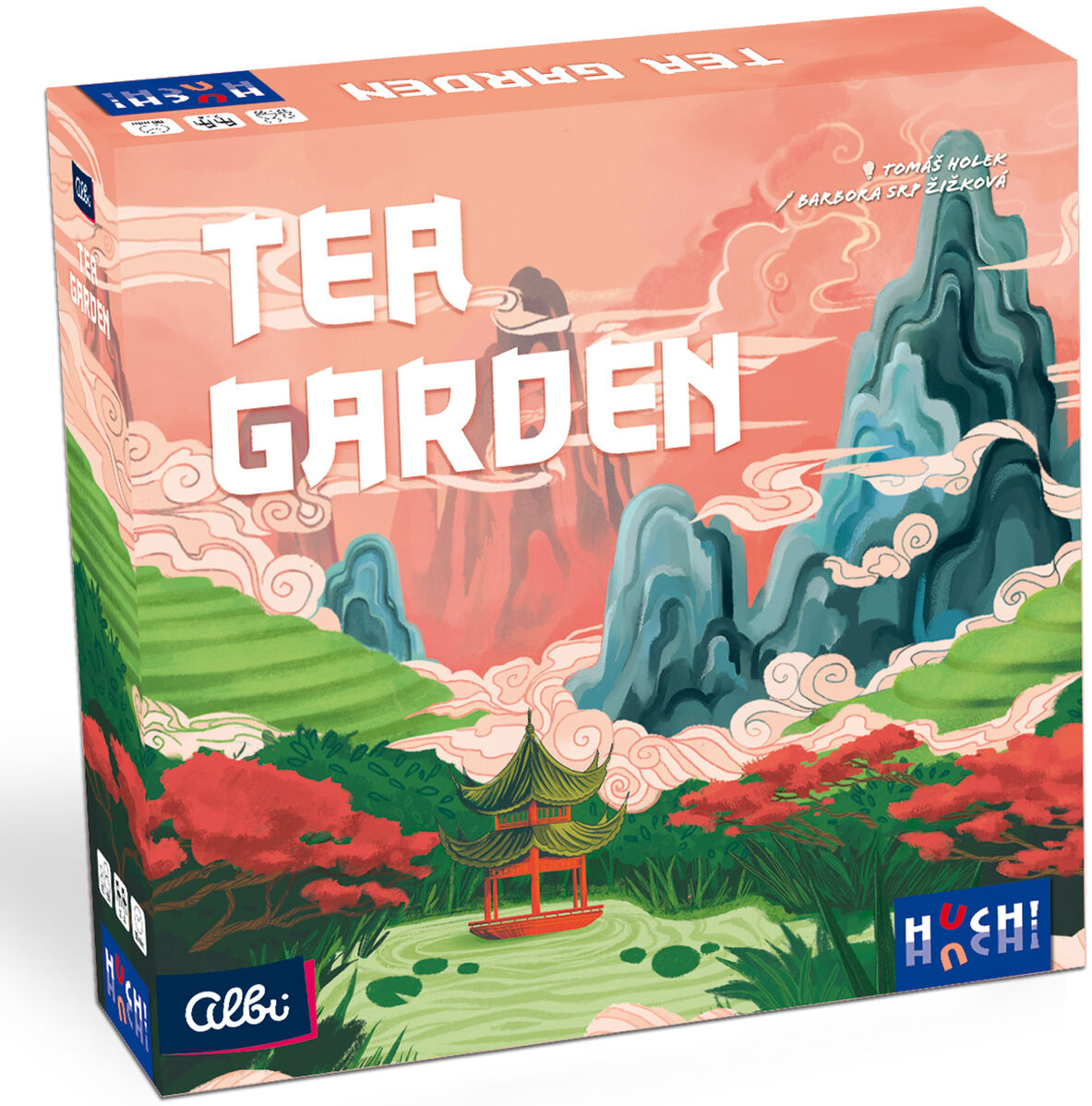 Abbildung der Spielebox des Brettspiels »Tea Garden«. Die Verpackung zeigt in stilisierter Form einen asiatisch inspirierten Garten mit Teepavillon in kräftigen Grüntönen, Rosa- und Blauschattierungen. Schriftzüge und Logos der Hersteller Albi und HUCH! sind sichtbar. Das Design vermittelt eine entspannte, naturverbundene Atmosphäre.