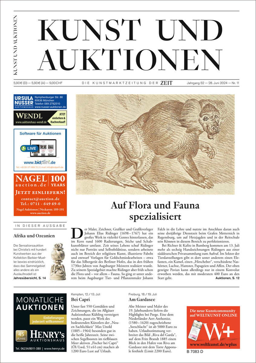 Titelblatt der Ausgabe 11/24 der Kunstzeitung 'Kunst und Auktionen'. Das Cover zeigt eine historische Illustration eines Tieres und enthält Text und Bilder zu verschiedenen Kunstwerken und Auktionen.