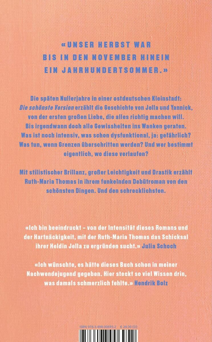 Hinterseite des Buches 'Die schönste Version' von Ruth-Marie Thomas, mit Text in deutscher Sprache in einem weißen, serifenlosen Schriftstil, auf orangem Hintergrund mit blauen und schwarzen Farbakzenten.