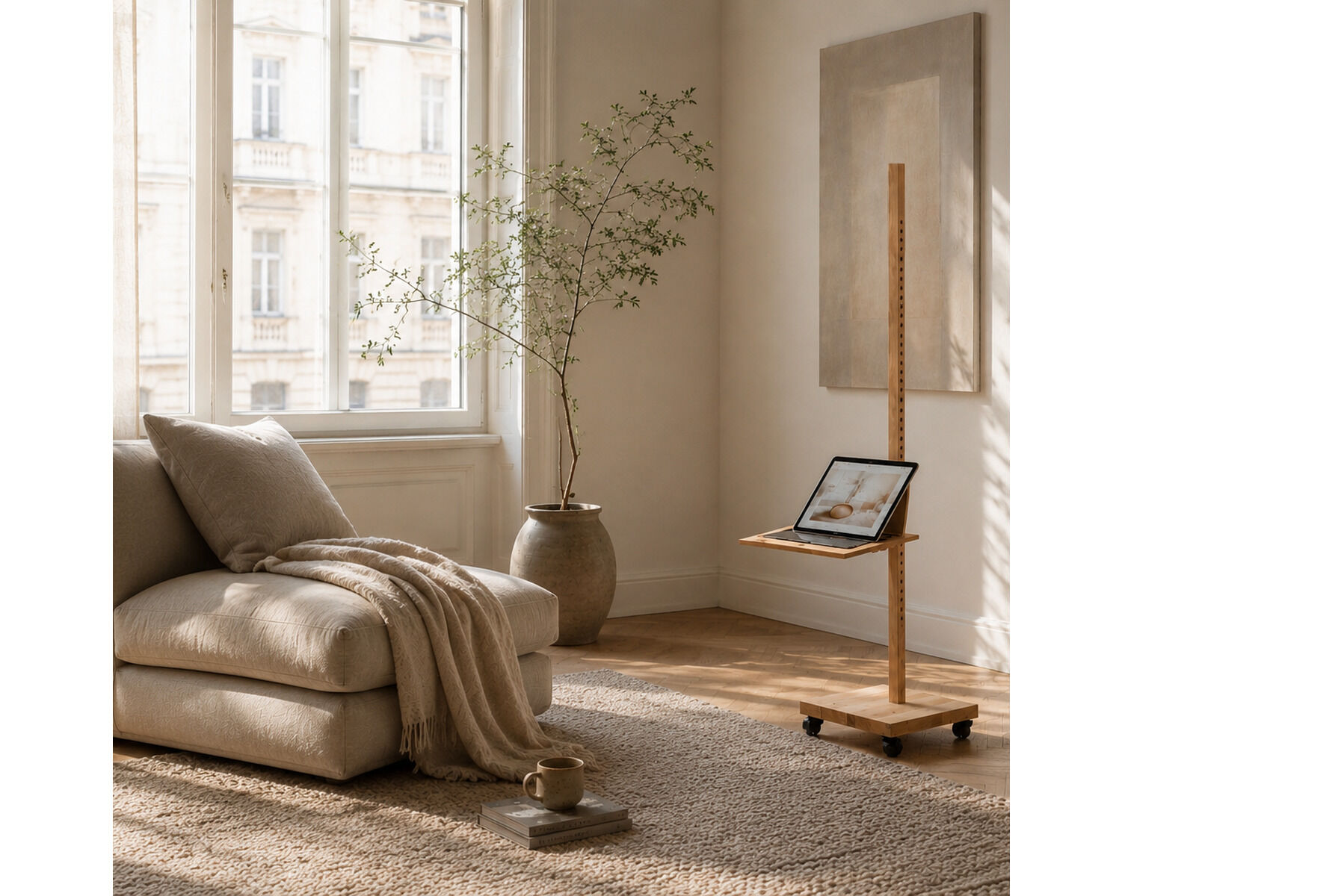 Lichtdurchflutetes Wohnzimmer mit cremefarbenem Sessel, beiger Decke, hellem Teppich und mobilem Device Stativ "ERA" aus Eiche und Birkensperrholz von Frau Caze. Das Stativ steht auf Rollen, ein Tablet ist darauf platziert. Helles, minimalistisches Ambiente.