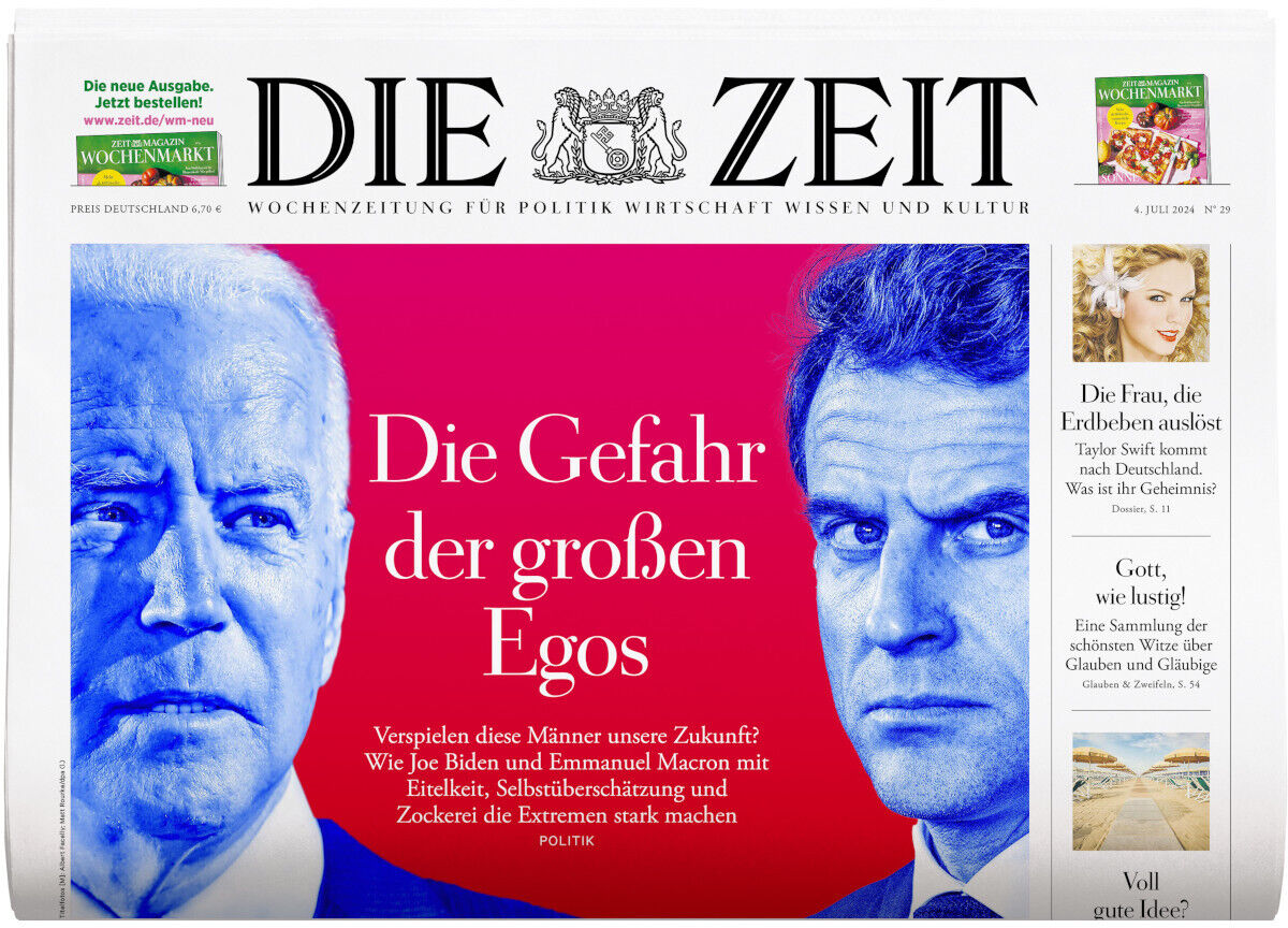 Titelseite der Wochenzeitung DIE ZEIT 29/2024 mit dem Titel 'Die Gefahr der großen Egos'. Abgebildet sind zwei Männergesichter, eines in blau und das andere in rot. Die Schlagzeilen und Artikel sind ebenfalls gut sichtbar.