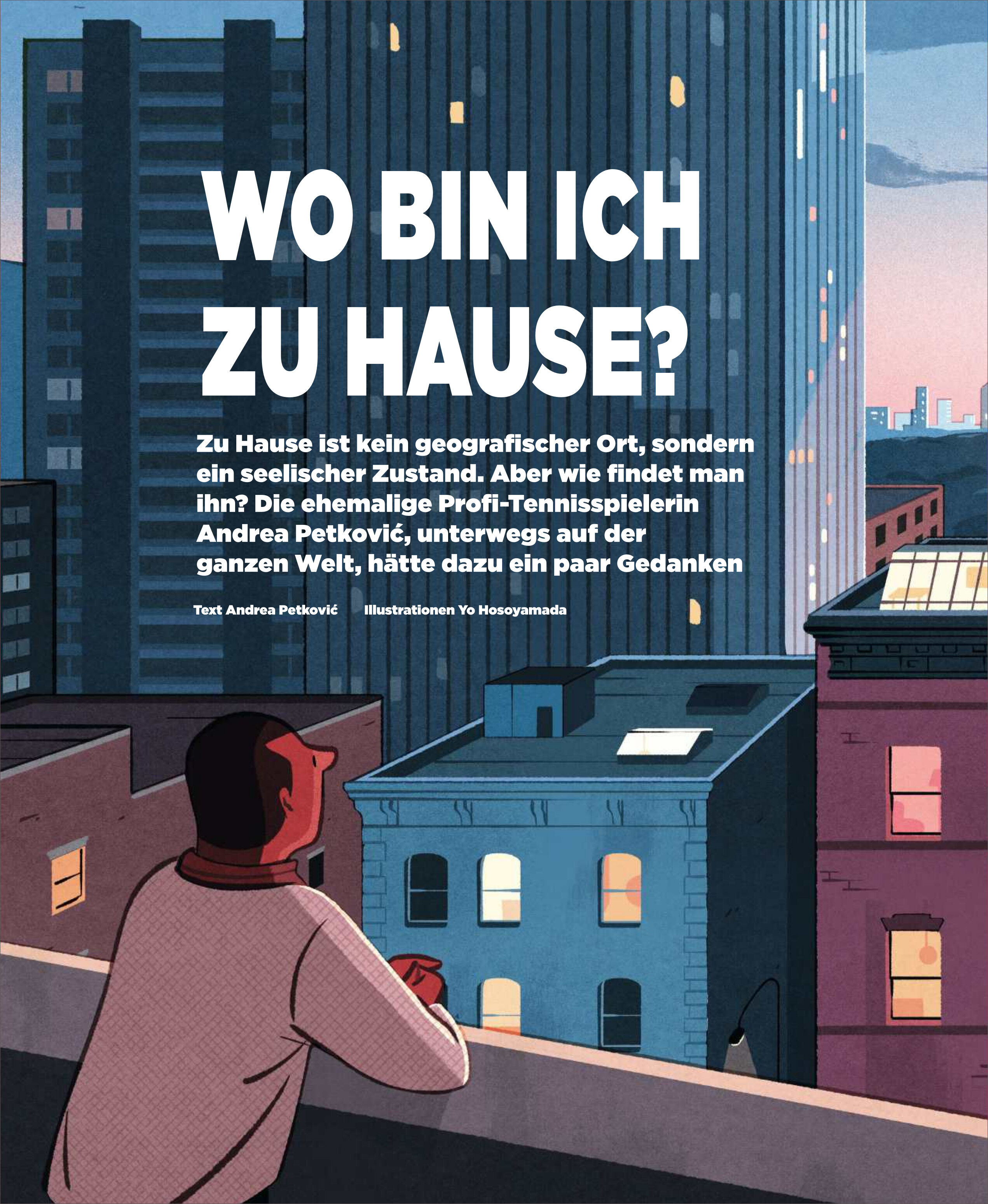 Illustration einer nachdenklichen Person, die am Rand eines Hausdachs in einer Großstadt am Abend sitzt und auf ein beleuchtetes Hochhaus blickt. Der Himmel ist dunkelblau, viele Fenster sind hell erleuchtet. Auf der Titelseite steht: 'WO BIN ICH ZU HAUSE?'.