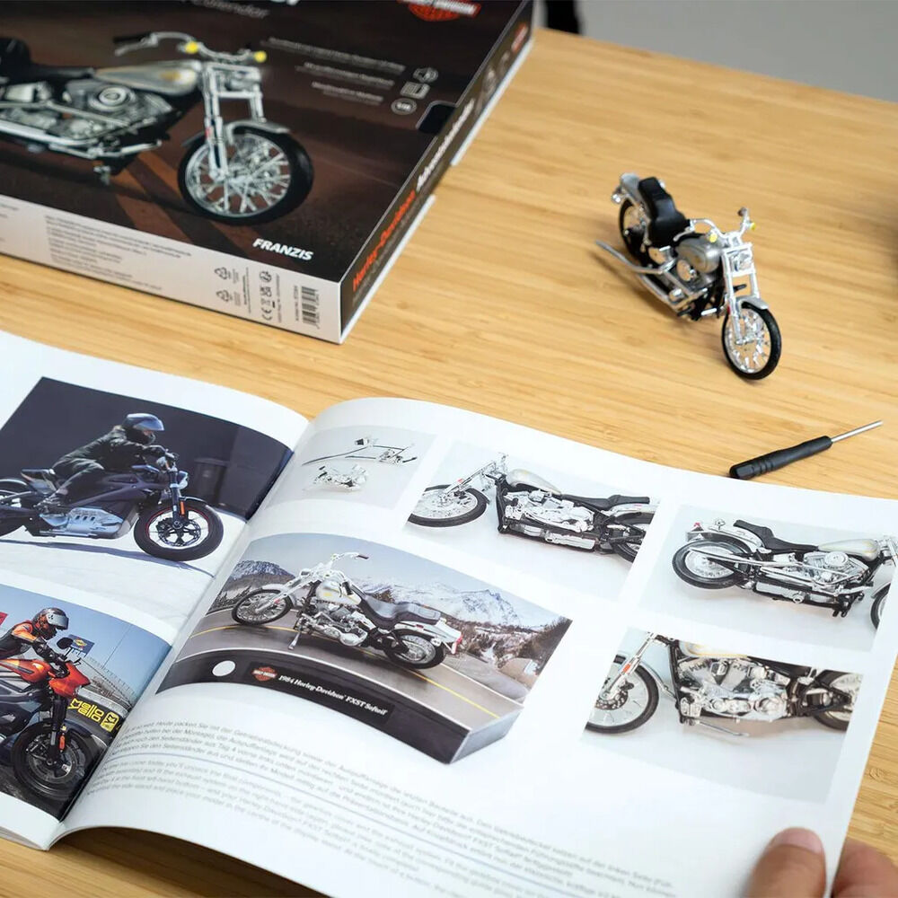 Auf hellem Holztisch liegen ein geöffnetes, reich bebildertes Harley-Davidson-Begleitbuch und ein kleiner Schraubendreher. Daneben steht ein detailreiches schwarz-silbernes Motorradmodell. Im Hintergrund ist die schwarze FRANZIS-Schachtel mit Motorradfoto zu sehen; eine Hand blättert im Buch.