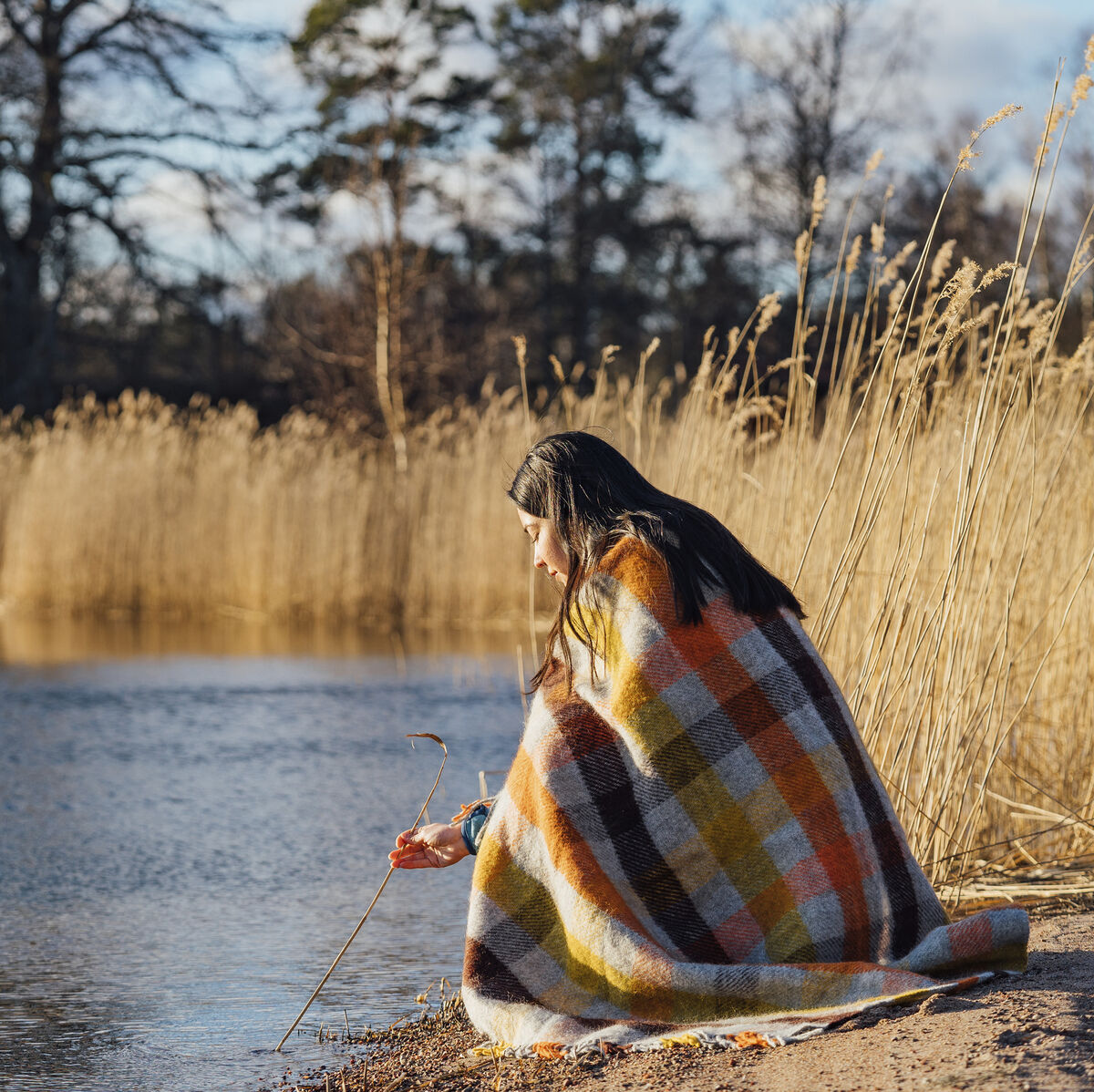 Eine Person sitzt eingewickelt in eine bunt karierte Decke am Ufer eines Sees, umgeben von trockenen Schilfrohren und kahlen Bäumen an einem kühlen Herbst- oder Wintertag.