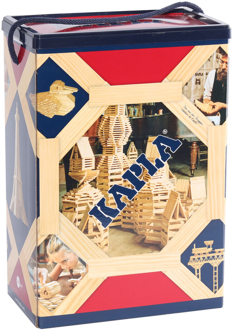 Eine Schachtel mit 200 Holzbausteinen der Marke Kapla, auf der verschiedene Bauwerke und spielende Kinder abgebildet sind. Die Schachtel ist hauptsächlich in den Farben Rot, Blau und Naturholz gehalten.