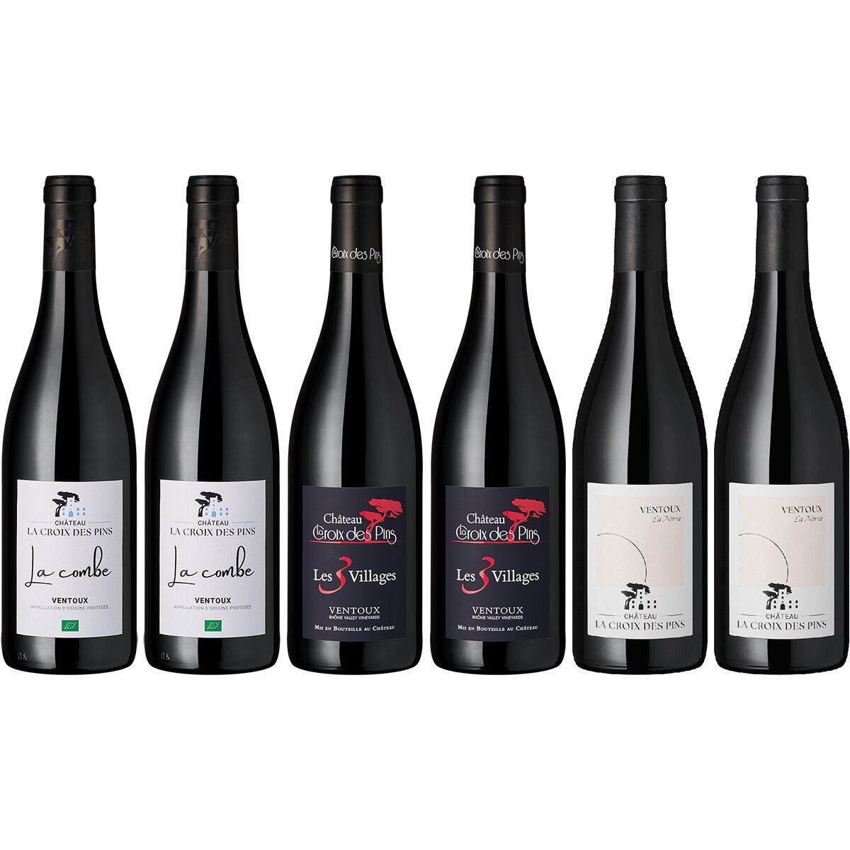 Sechs Rotweinflaschen eines französischen Weinguts, nebeneinander aufgereiht, mit unterschiedlichen Etiketten in Weiß, Schwarz und Rot. Die Flaschen stehen aufrecht und zeigen die Vielfalt eines Weinpakets, geeignet als Geschenk oder für besondere Anlässe.