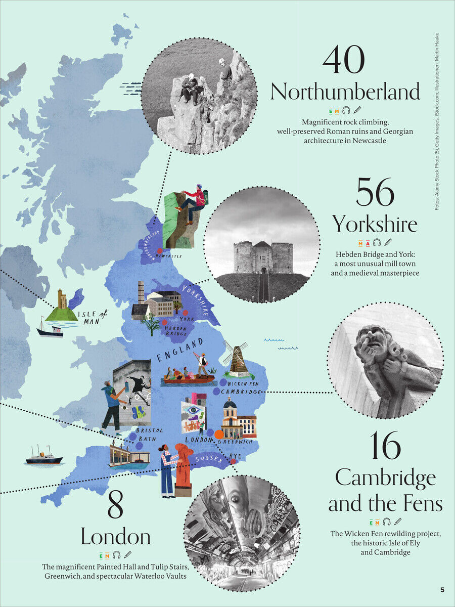 Illustration einer Karte von England mit markierten Reisezielen in Nordengland, darunter Nordumberland, Yorkshire, Cambridge und London. Verzierungen mit bunten Abbildungen von Sehenswürdigkeiten wie Burgen und historischen Statuen.