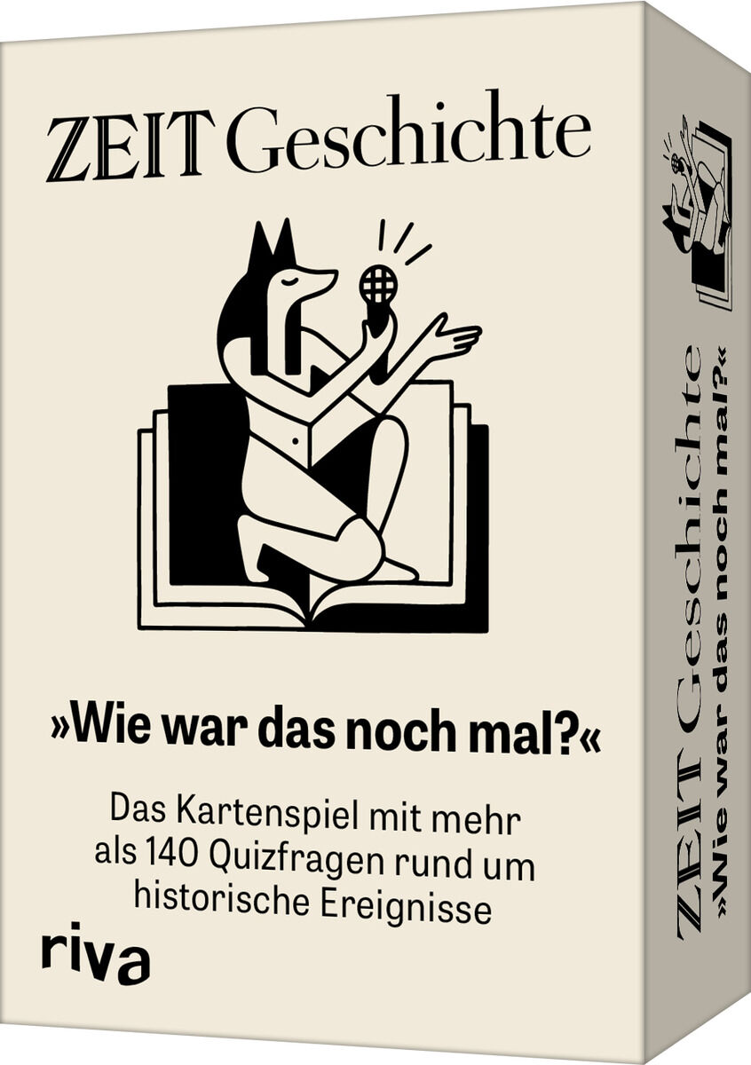 Beige Kartonverpackung des Kartenspiels »Wie war das noch mal?« von ZEIT GESCHICHTE und riva, mit stilisierter schwarzer Illustration einer nachdenkenden Figur mit Mikrofon, Buch und ausstrahlenden Linien. Text und Logo in Schwarz, Seitenaufschrift, moderner Look.